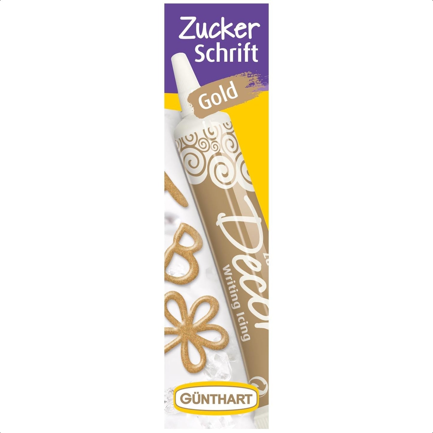 Günthart Backdecor 25 g Suiker met letters GOUD Voor alle desserts in gouden kleur Van suiker voor mooie letters en designs, 1 pakje (25 g)