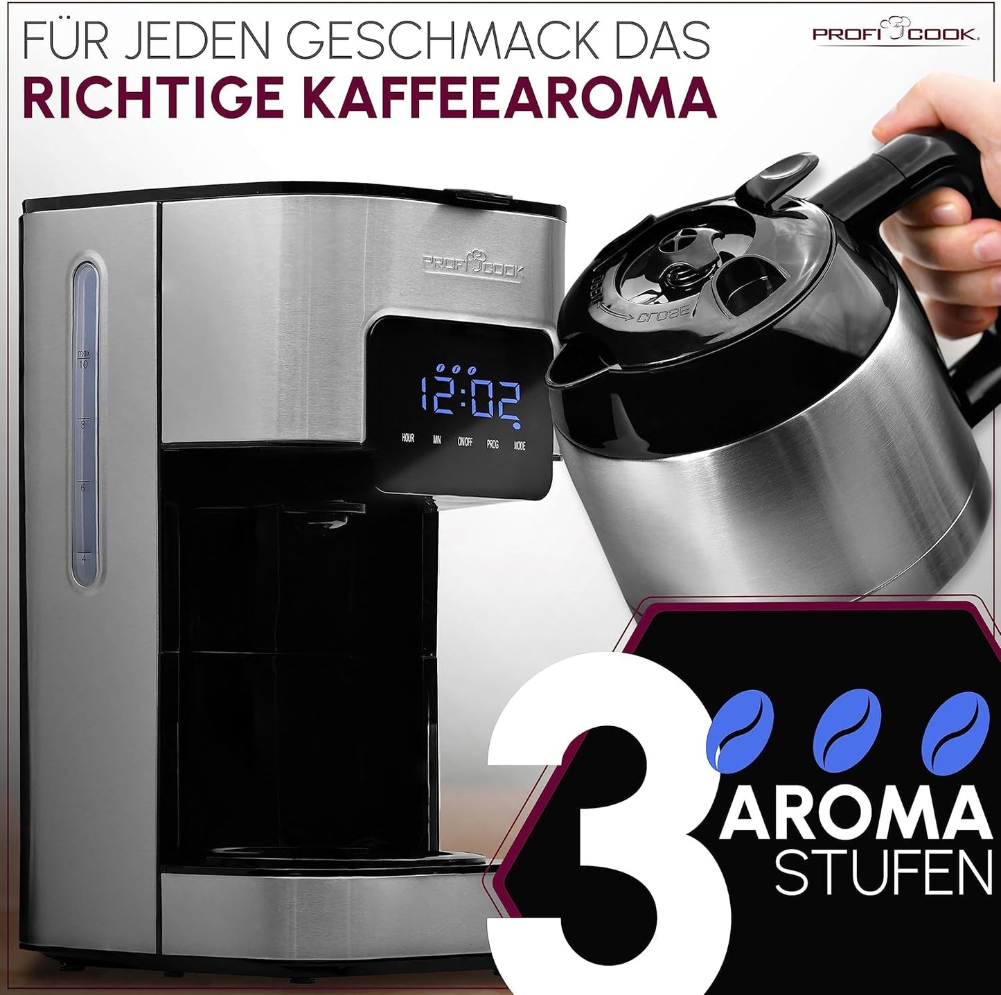 Koffiezetapparaat Profi Cook | 8-10 kopjes | Timer | Sensoraanraakbediening | Dubbelwandige thermoskaraf van 1,2 liter | Smaakzegel | RVS filterkoffiezetapparaat | PC-KA 1191