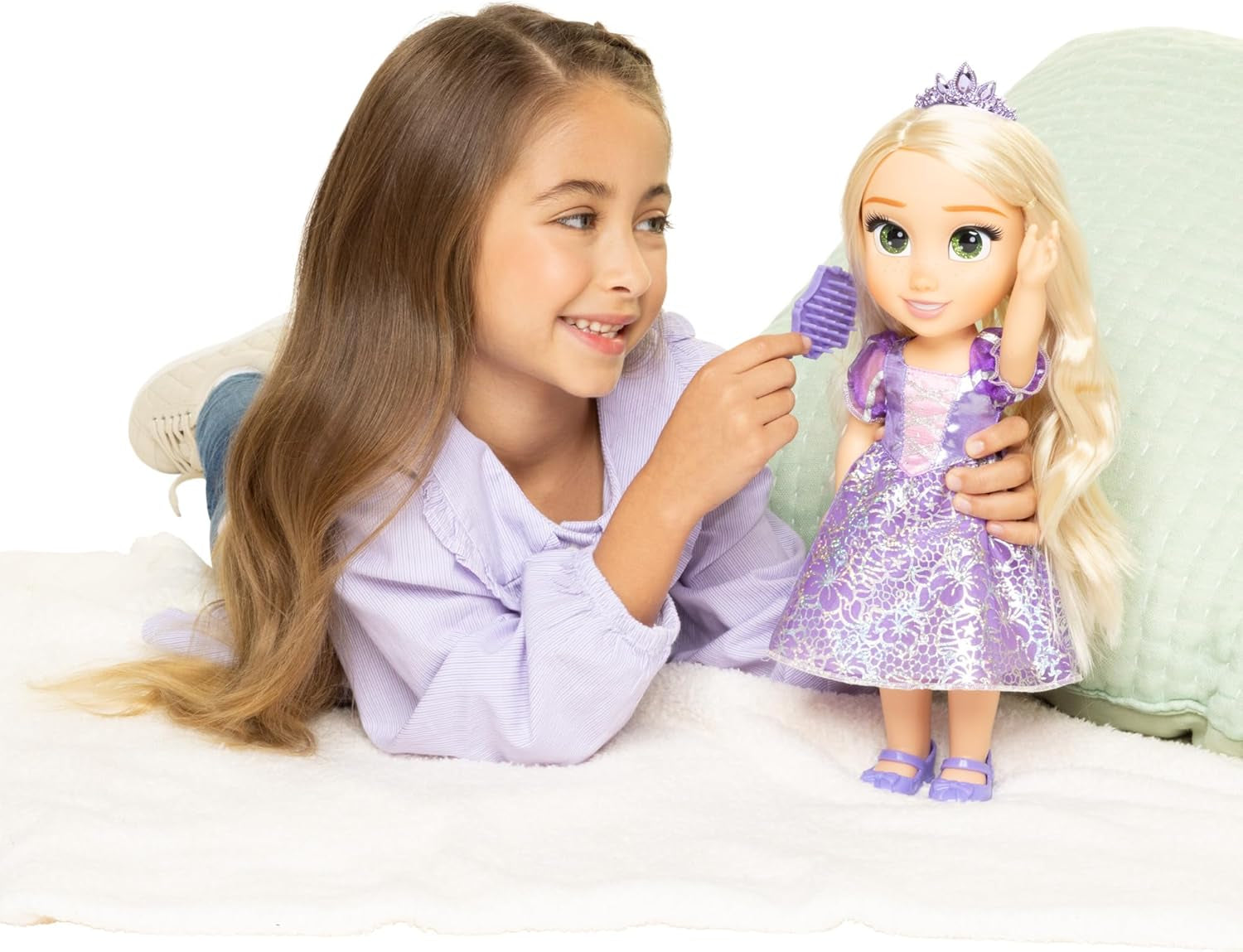 Disney Princess Rapunzel pop van 35 cm, reflecterende glitterogen, beweegbare gewrichten, afneembare jurk, schoenen, kroon, lang blond haar, voor meisjes vanaf 3 jaar