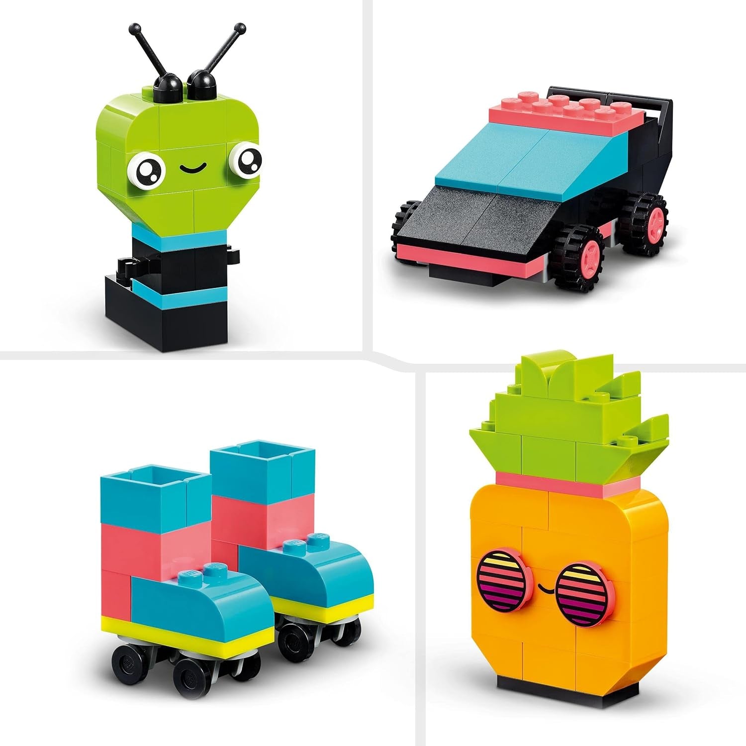 LEGO 11027 Classic Neon Creatieve bouwset, Brick Box Set, Bouwspeelgoed met modellen: auto, ananas, alien, rolschaatsen, figuren en meer, voor kinderen vanaf 5 jaar Bouwsets Besuche den LEGO-Store