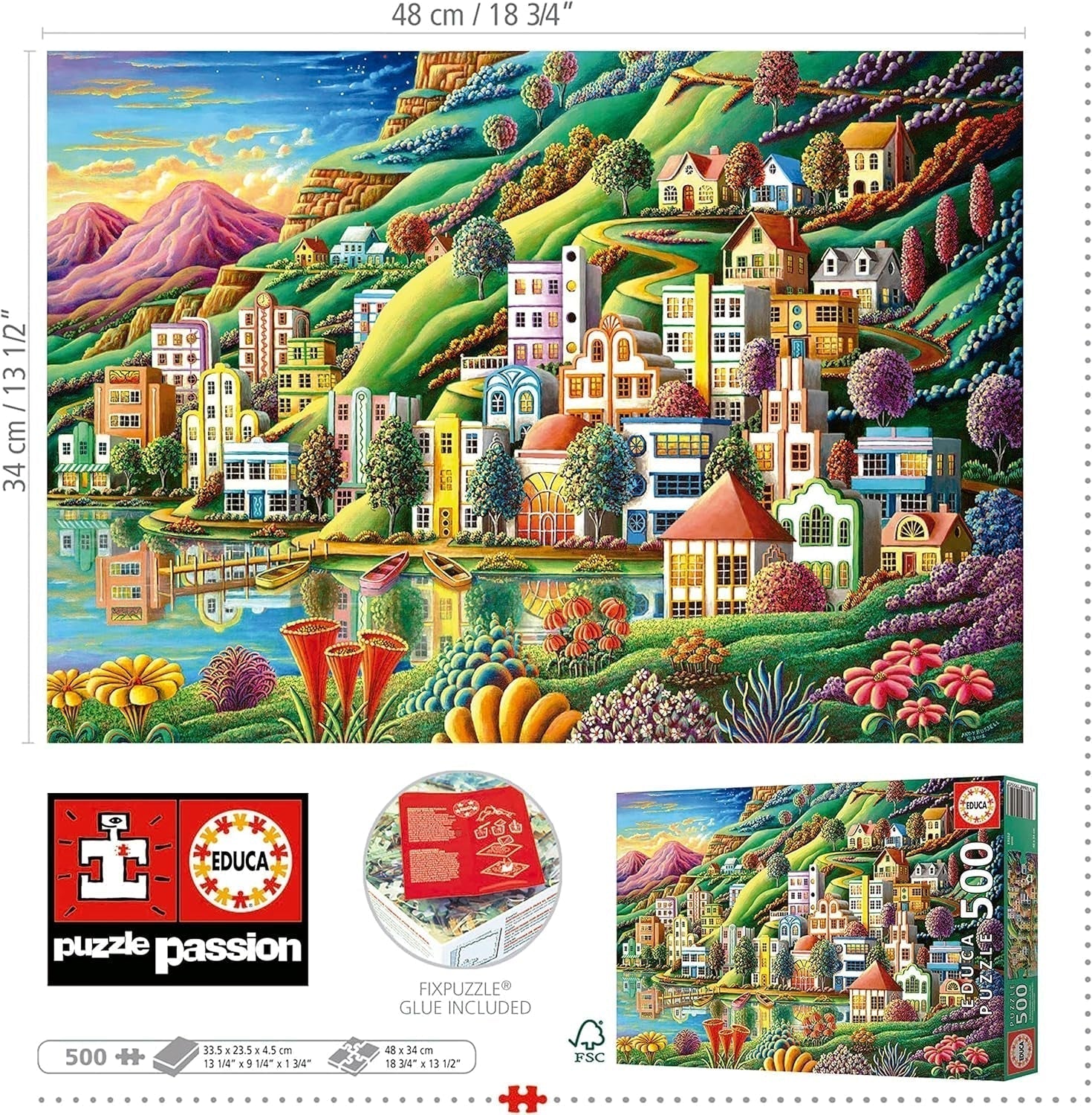 Educa - Puzzel 500 stukjes voor volwassenen | Kleurrijk dorp aan het meer, puzzel van 500 stukjes voor volwassenen en kinderen vanaf 11 jaar, landschapspuzzel, illustratie (19552) Puzzel Naty Shop