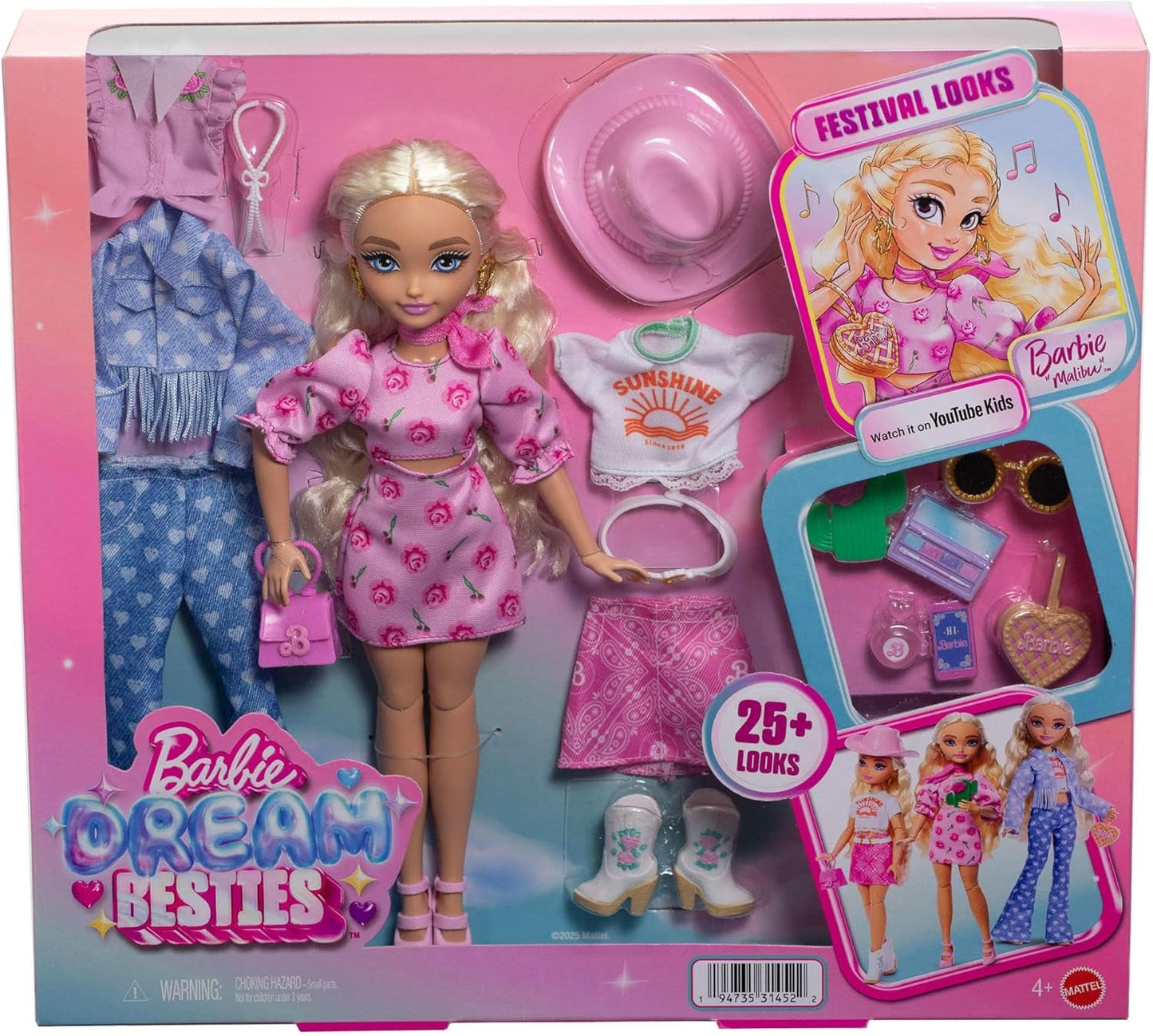 Barbie Dream Besties Festival Looks-set, met Barbie Malibu-pop met lang blond haar voor styling en meer dan 10 verwijderbare kleding en accessoires, JGH87