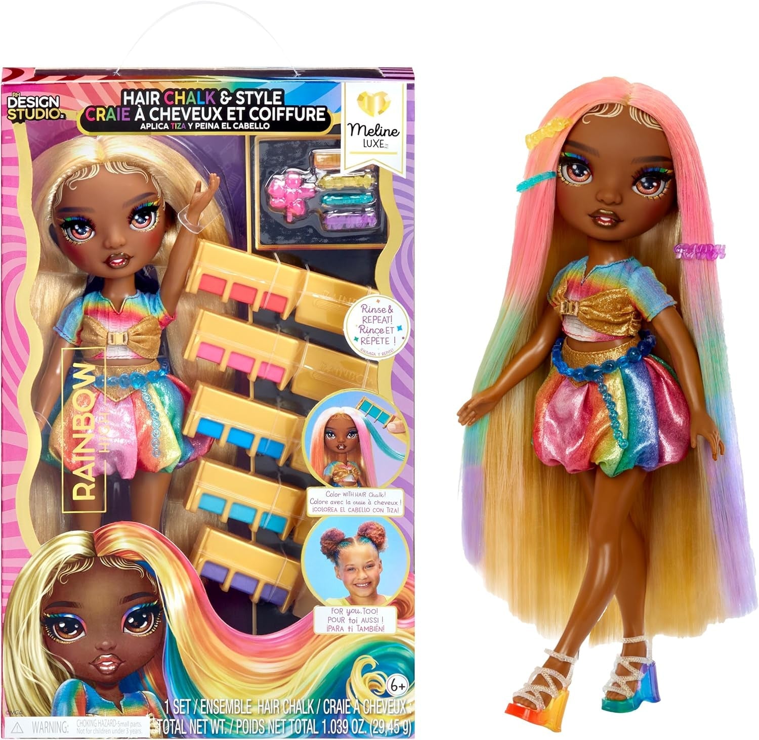 Rainbow High Haarkrijt & Stylingpop - Meline - 28 cm regenboog en goud wasbare haarkrijtpop, kleuren, stylen, spelen, uitspoelen en herhalen, voor kinderen van 4-12 jaar