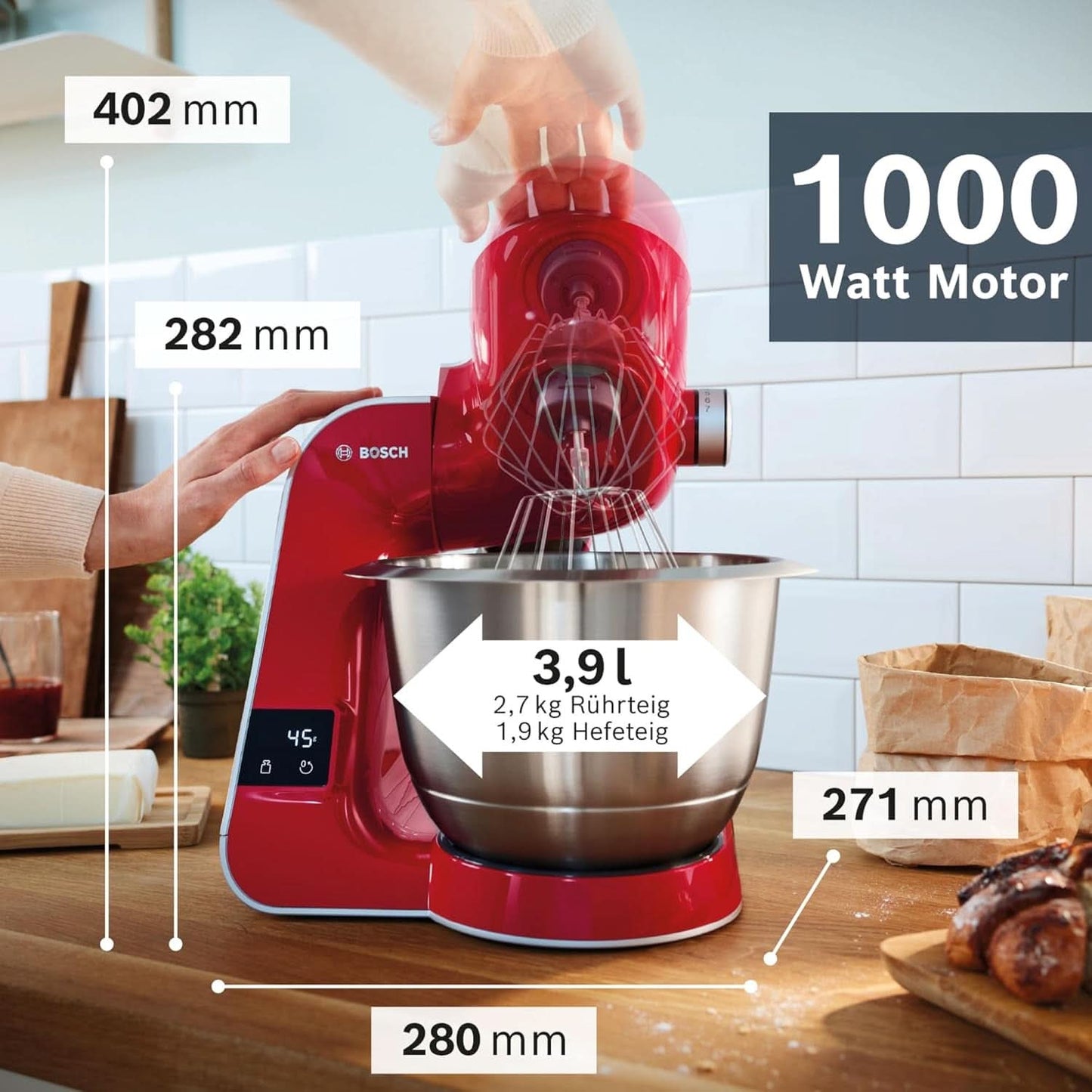 Keukenmachine Bosch Series 4 MUM5X720, geïntegreerde weegschaal, roestvrijstalen kom 3,9L, mixer 1,25L, 1000W Accessoires Voeding en borstvoeding Bebe Naty Shop