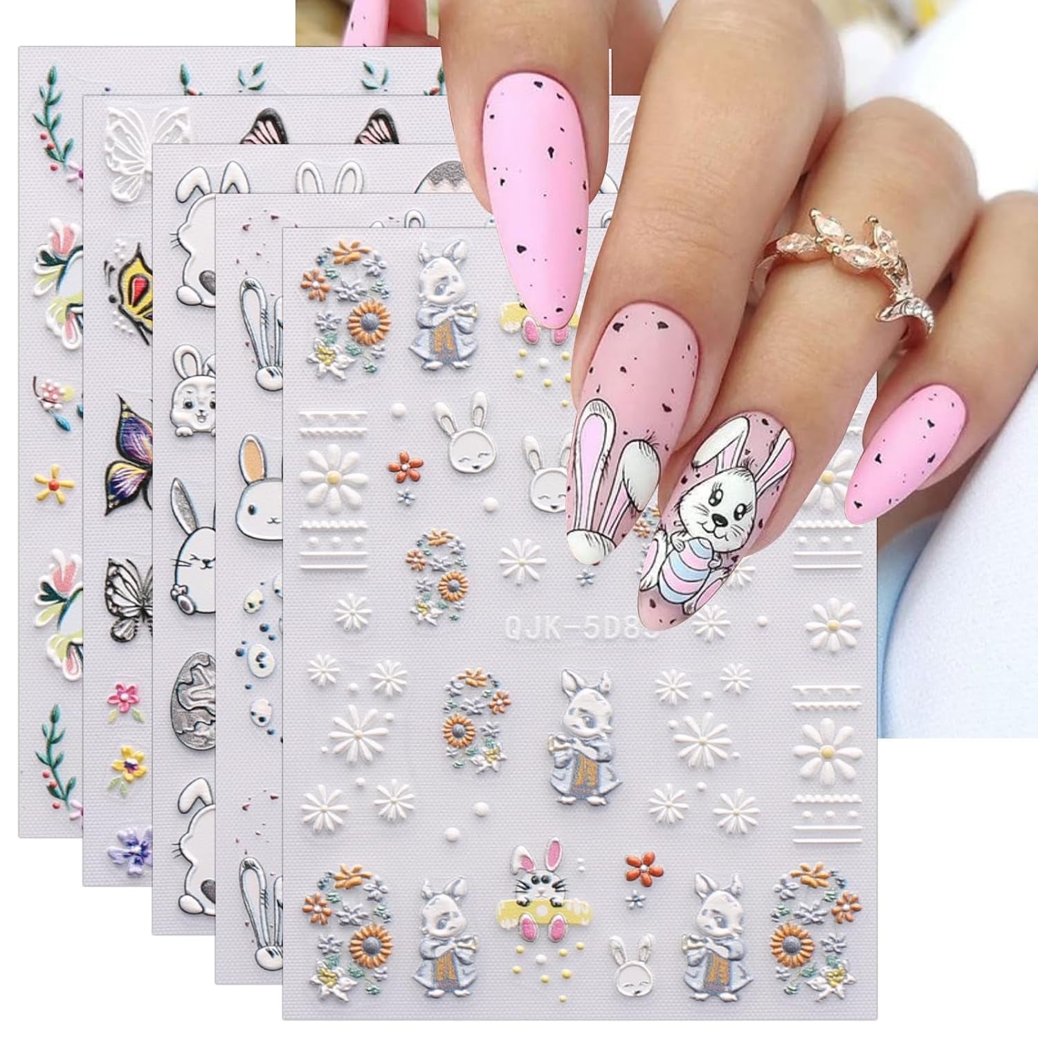 JMEOWIO 6 Blatt 3D Nagelsticker Ostern Nail Art Sticker Selbstklebend Nagelaufkleber 5D Stereoskopisch Süßer Hase Ei Decoratie Nageldesign Zubehör