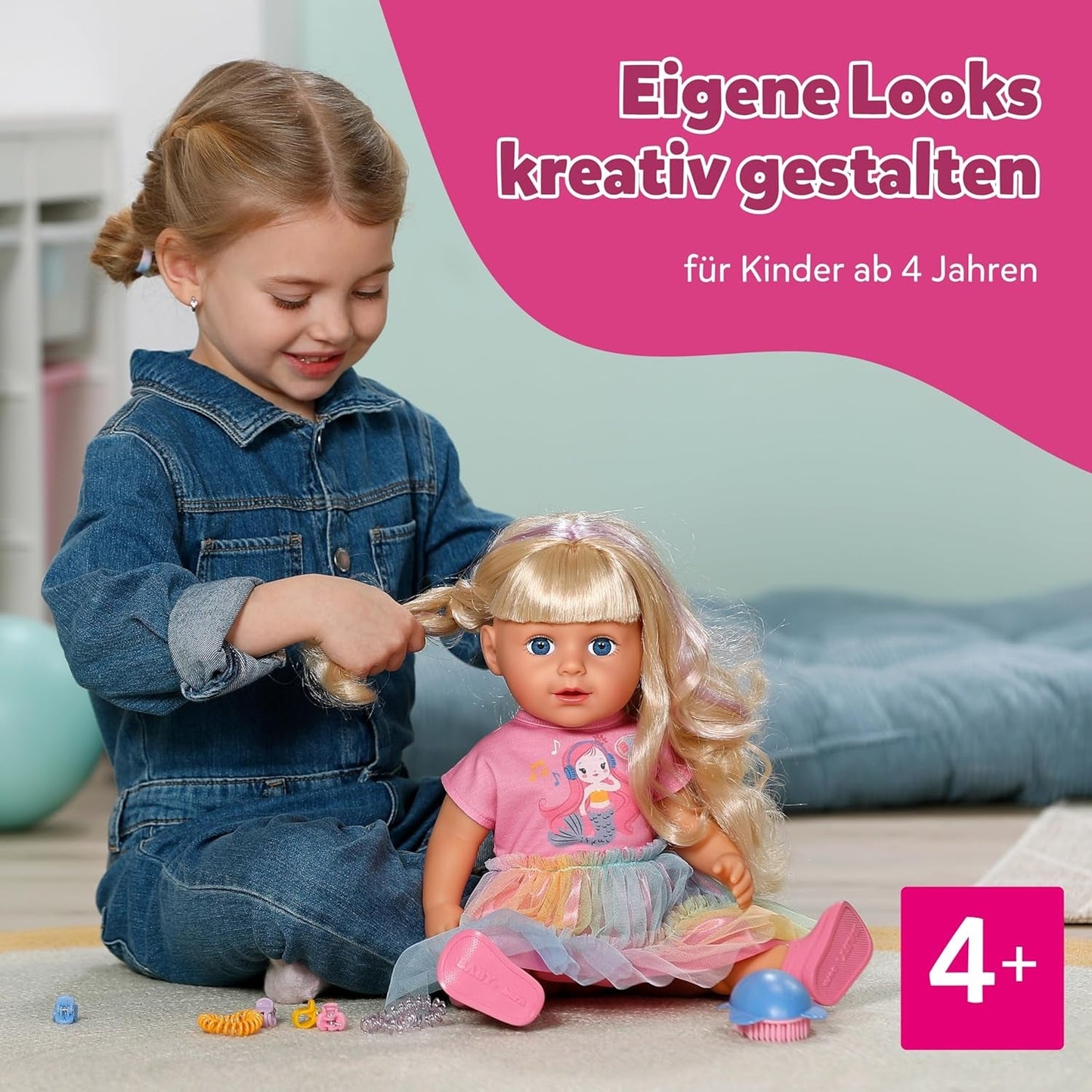 BABY born Carla - pop 43 cm - hoge kwaliteit blond haar met lokken - geen batterijen nodig - geschikt voor kinderen vanaf 4 jaar - inclusief 7 accessoires, roze