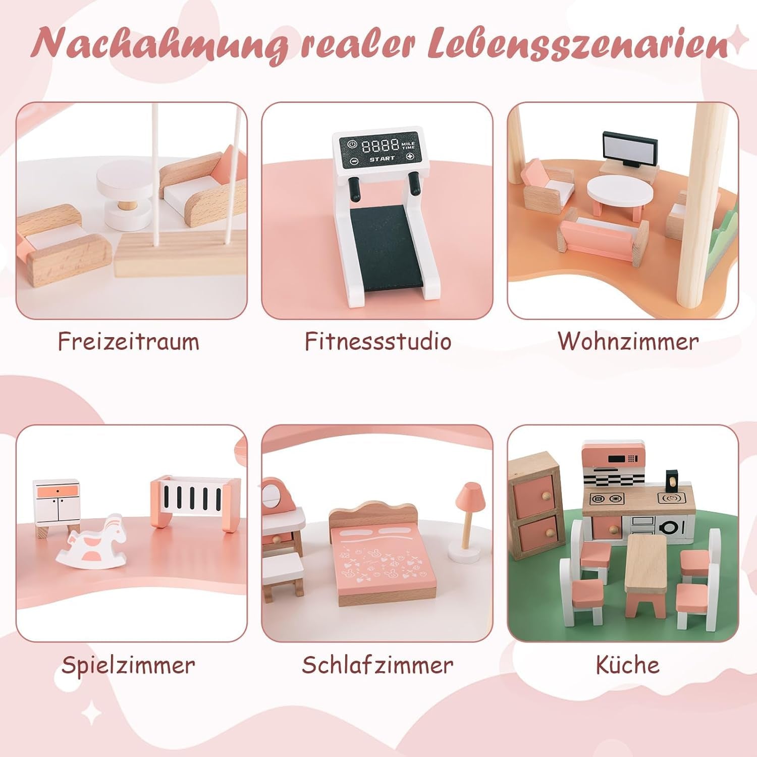 FANTASK houten poppenhuis, 85 cm hoog poppenhuis met 7 kamers en 32 meubels en accessoires, poppenhuis met touwladder, poppenhuiscadeau voor meisjes van 3 jaar oud (model 3) Naty Shop Dollhouses