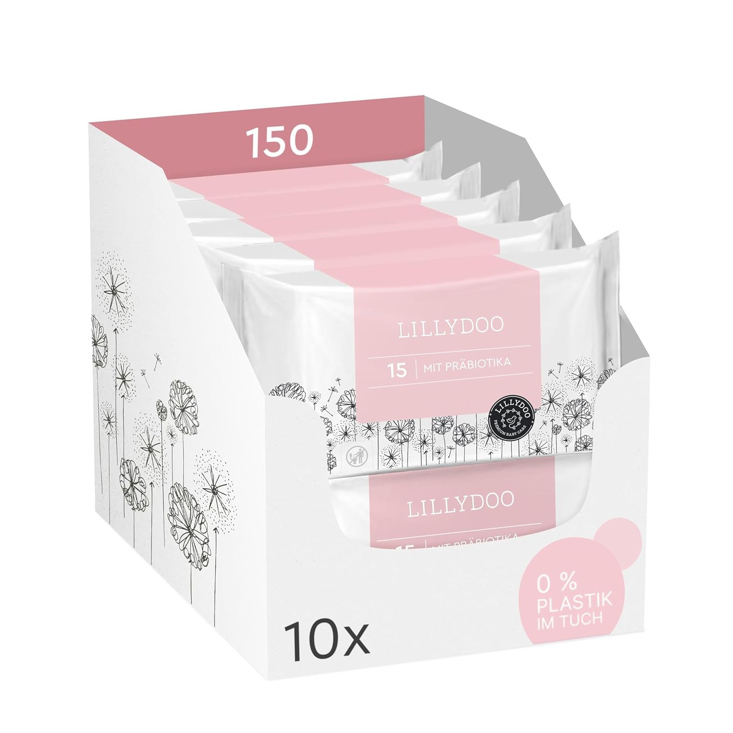 LILLYDOO Groene vochtige doekjes, 600 stuks (10 x 60), 100% plasticvrij, scheurbestendig doekje - geurvrij, zacht en natuurlijk, zachte reiniging voor de gevoelige huid, dermatologisch getest