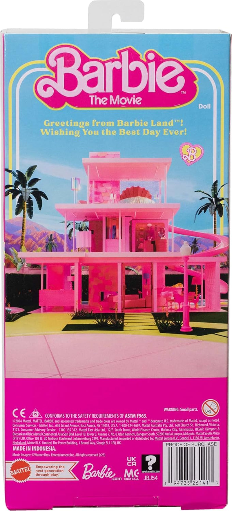 Barbie Movie Ken Barbie-pop in pastelroze en groen gestreepte strandkleding, surfplank en witte sneakers, JBJ54