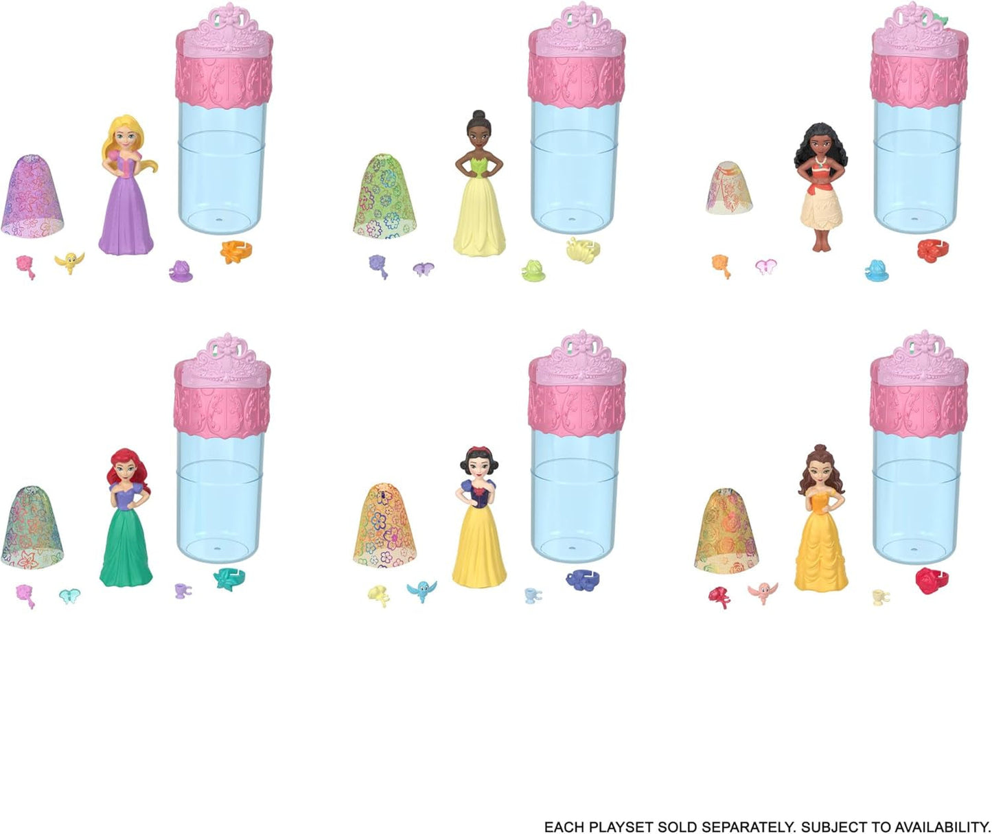 Mattel Disney Princess Royal Color Reveal kleine pop met 6 verrassingen, inclusief geurring en 4 accessoires (poppen kunnen variëren), tuinfeestserie HRN63