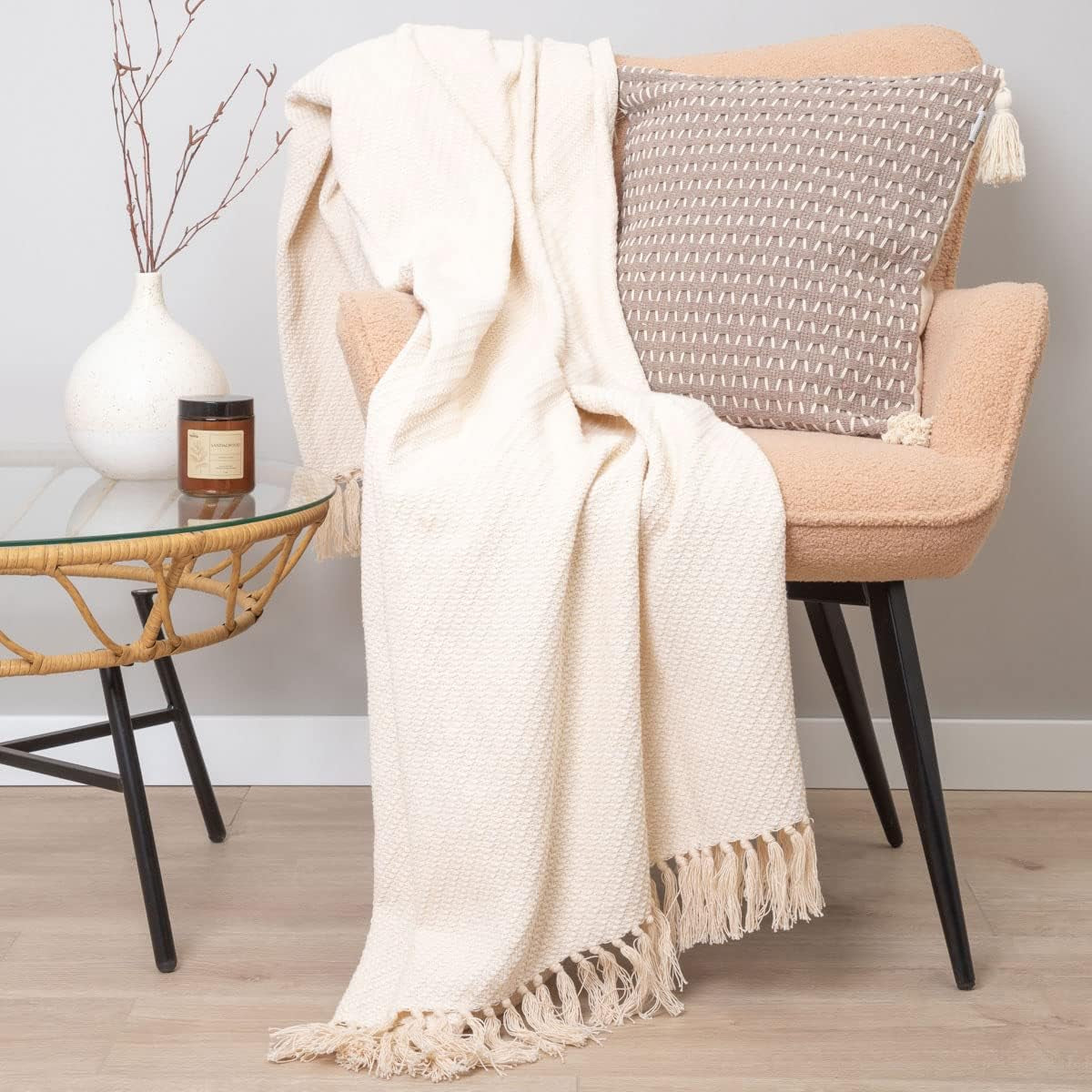 HOMLA Morris Plaid Katoenen deken met franjes - Zachte en comfortabele deken Katoenen deken - fijne stof 130 X 170 Cm Ecru Bedden en dekens Besuche den HOMLA-Store