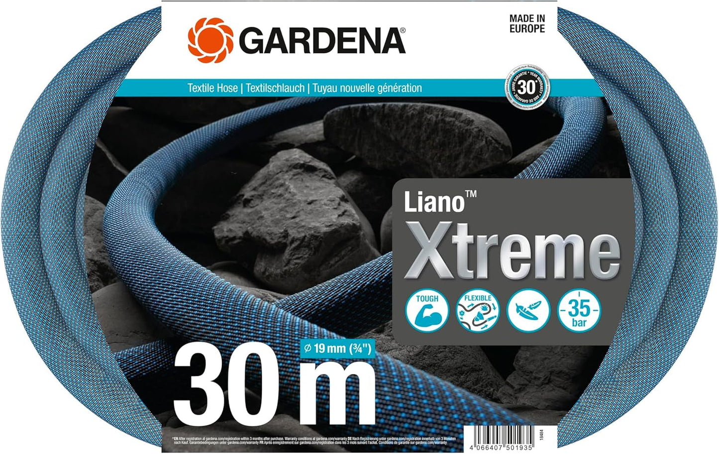 Gardena Liano Xtreme 3/4 inch, Set 30m: Extreem robuuste textieltuinslang met PVC binnenslang, lichtgewicht, weerbestendig (18484-20), Meerkleurig