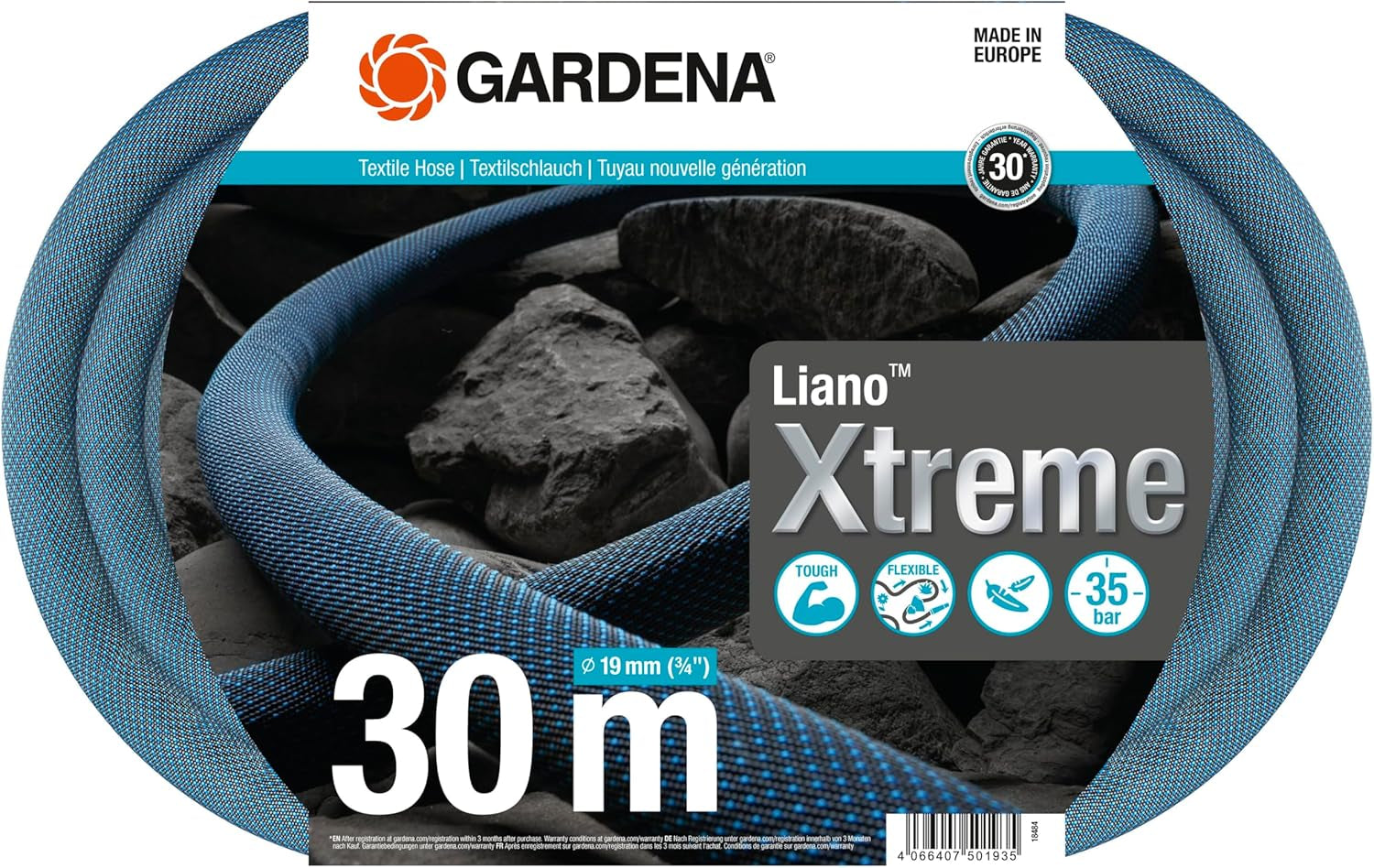 Gardena Liano Xtreme 3/4 inch, Set 30m: Extreem robuuste textieltuinslang met PVC binnenslang, lichtgewicht, weerbestendig (18484-20), Meerkleurig