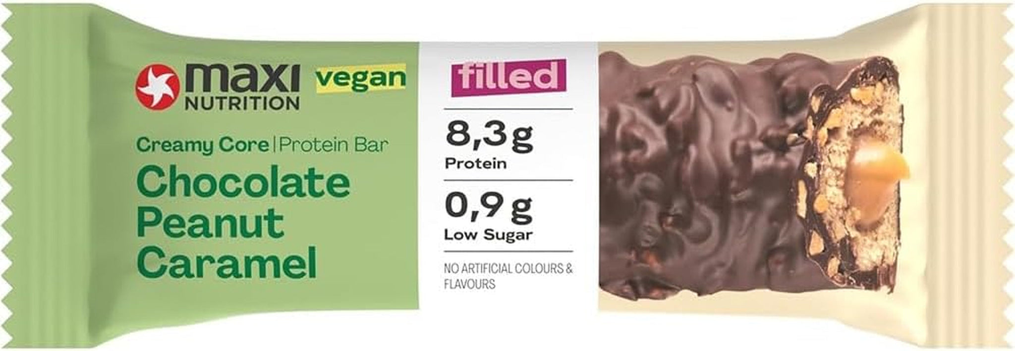 MaxiNutrition Romige veganistische eiwitreep met chocolade, pinda's en karamel 12x45g - veganistische eiwitreep, 18% eiwit, 8,3 g per reep, laag suikergehalte (0,9 g), geen toegevoegde suiker, geen kunstmatige smaakstoffen