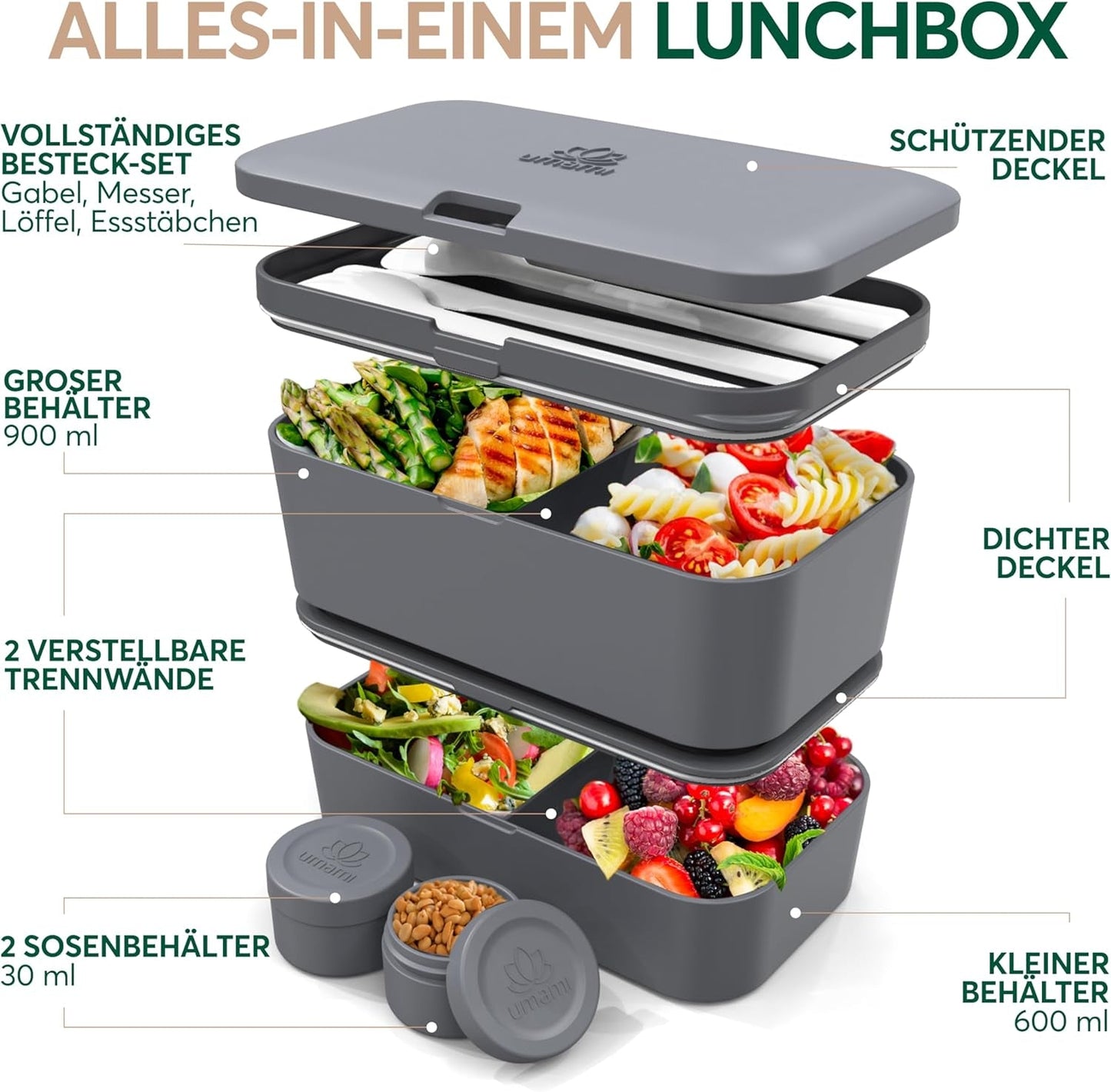 Umami lunchbox voor volwassenen, stapelbare bentobox met 4 bestek en vakken, lunchbox voor volwassenen, saladecontainer voor onderweg, picknick-/kantoorlunchbox, houtskoolgrijs, 1500 ml voedselbewaardozen Naty Shop