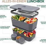 Umami lunchbox voor volwassenen, stapelbare bentobox met 4 bestek en vakken, lunchbox voor volwassenen, saladecontainer voor onderweg, picknick-/kantoorlunchbox, houtskoolgrijs, 1500 ml voedselbewaardozen Naty Shop