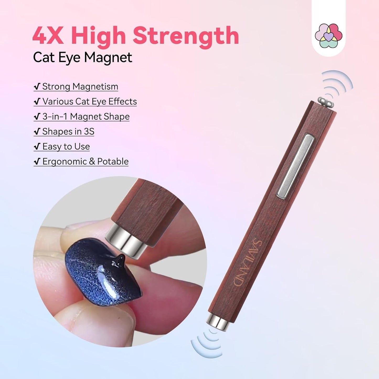 SAVILAND 4X Hochfester Cat Eye Magnet Für Nagel: 3-in-1 Nagelmagneet Rund Lange Streifenperle N35 Neodym Ultra Strong Magnet Für Nagellack Präzise 3S Formung Cat Eye Gel Nagellack Magnet Magnetstift