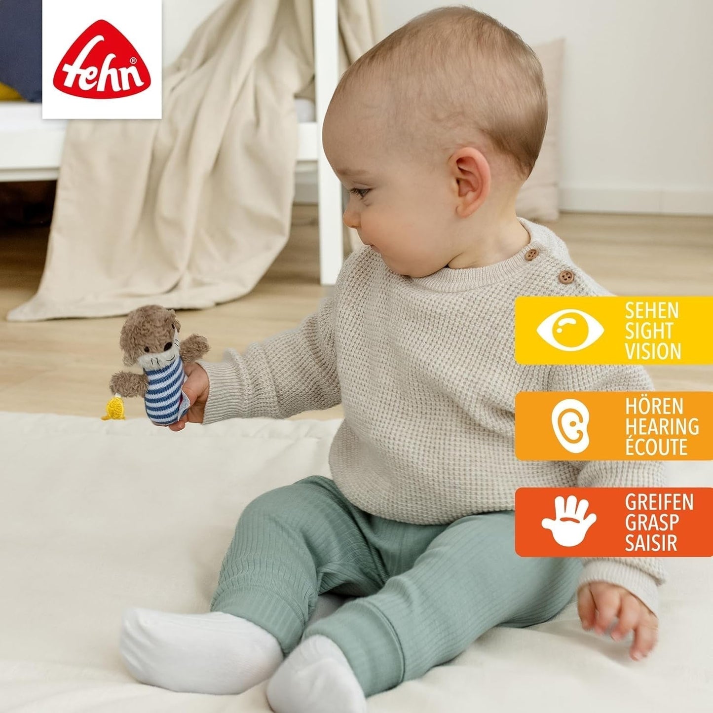 Fehn minirammelaar otter - mini-grijpspeeltje voor het rammelen, betasten en spelen met een zacht en knuffelig stoffen dier - een trouwe metgezel voor baby's en peuters vanaf 0+ maanden Babyspeelgoed Naty Shop