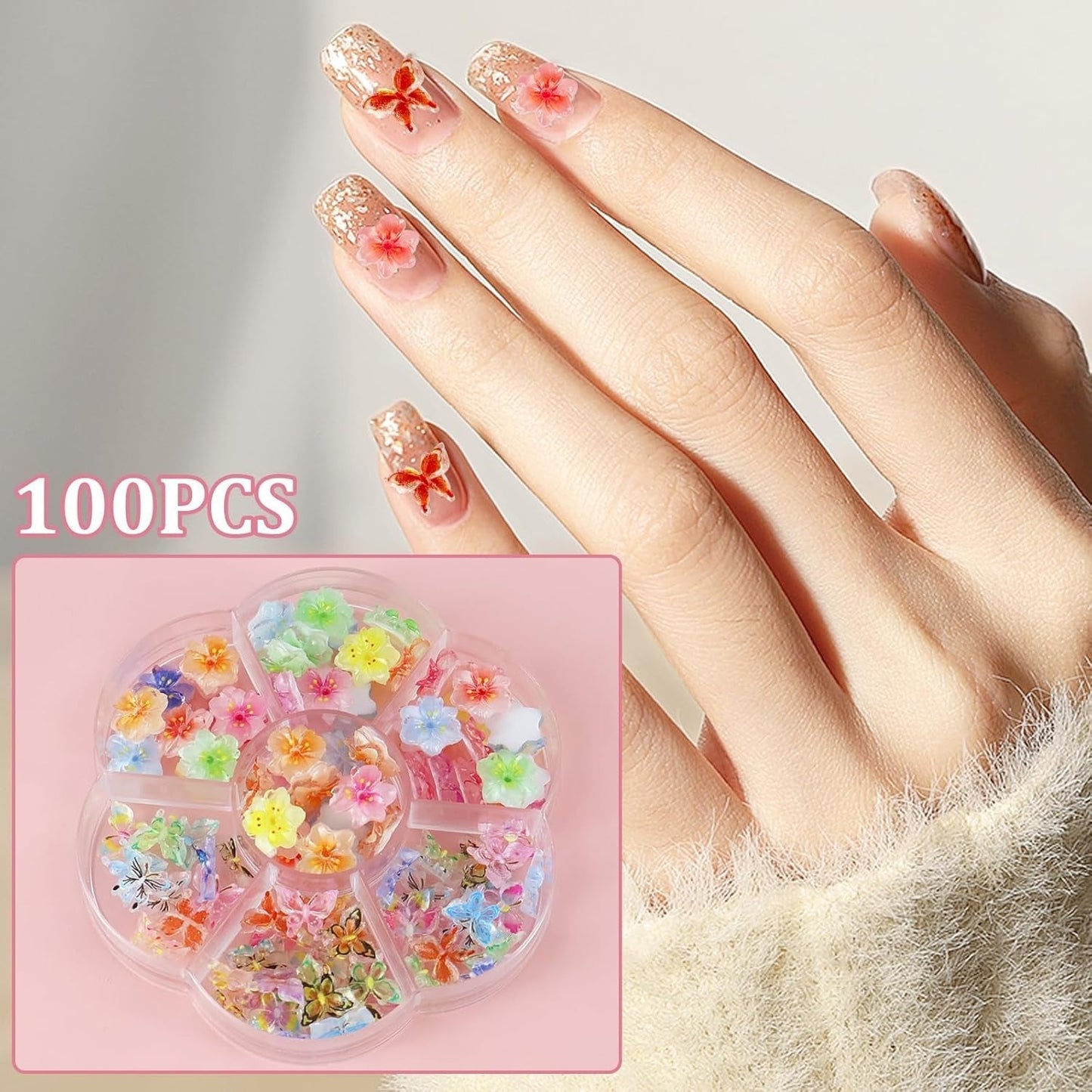 YICH Nail Charms Nägel Charms 50Stuks 3D Bloemen + 50Stuks 3D Schmetterling, Zomer Nägel Deko Set Schmetterling/Bloemen Nail Art Nailart