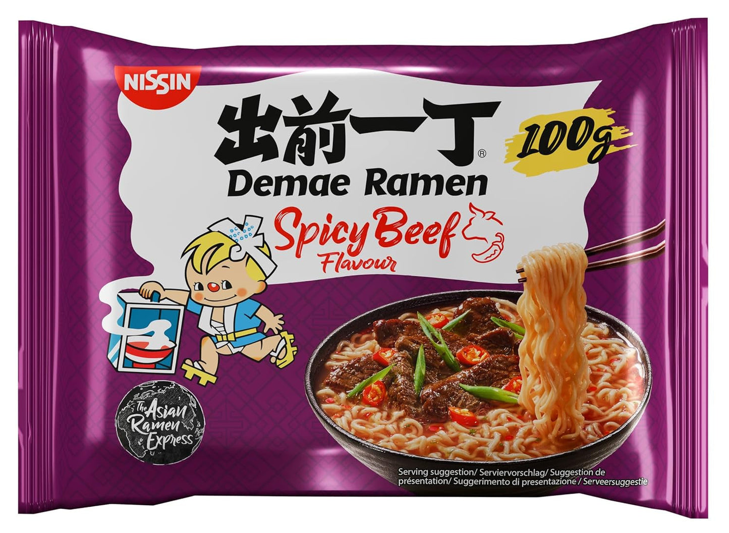 Nissin Demae Ramen - Pittig rundvlees 10-pack Japanse stijl instantnoedels met rundvleessmaak en Aziatische kruiden Snel en gemakkelijk te bereiden Aziatisch eten (10 x 100 g)