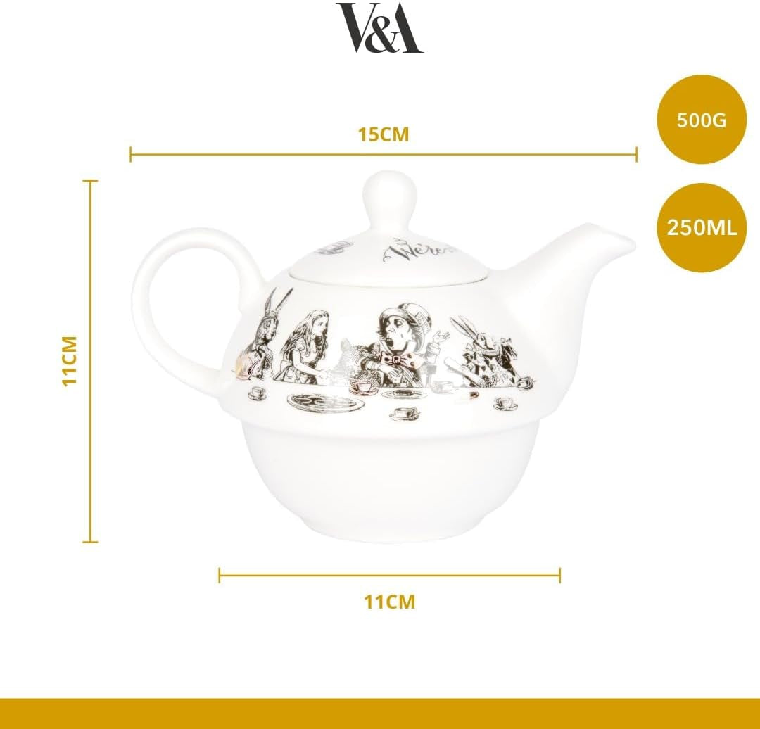 Alice in Wonderland theepot en kopjesset voor 1 persoon in geschenkverpakking, theeservies van fijn porselein, wit, 250 ml