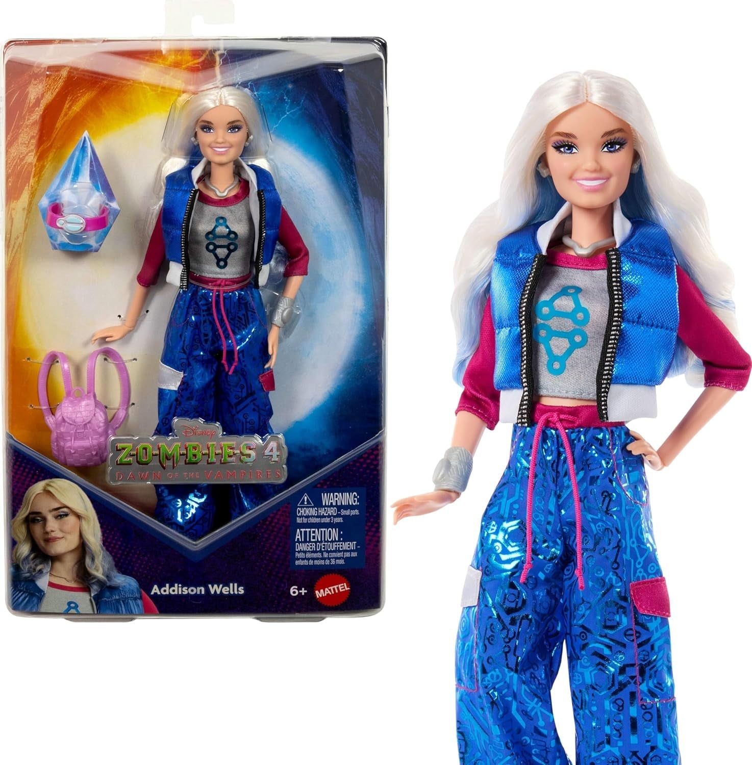 Mattel Disney Zombies 4: Dawn of the Vampires Addison Wells modepop met afneembare outfit en 6 op films geïnspireerde accessoires, JFG32