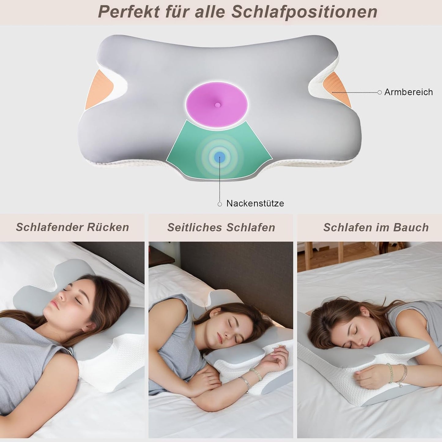 Nekkussen Orthopedisch hoofdkussen Memory Foam Kussen Zijwaartse impactkussen - Ergonomisch ontwerp Holle vorm Voor zij-, rug- en buikimpact Lichtgrijs Cervicale orthopedische kussens Naty Shop