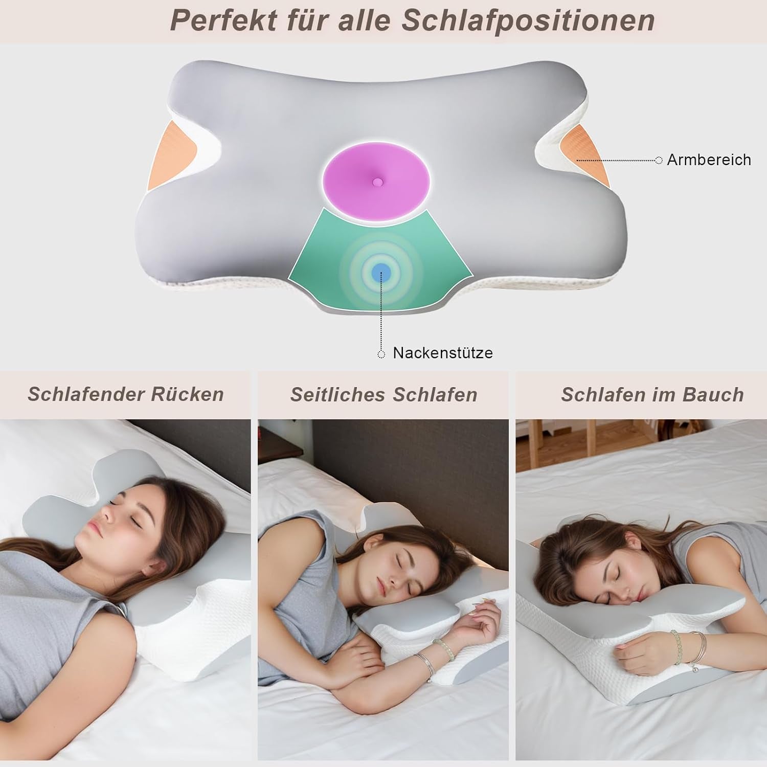 Nekkussen Orthopedisch hoofdkussen Memory Foam Kussen Zijwaartse impactkussen - Ergonomisch ontwerp Holle vorm Voor zij-, rug- en buikimpact Lichtgrijs Cervicale orthopedische kussens Naty Shop