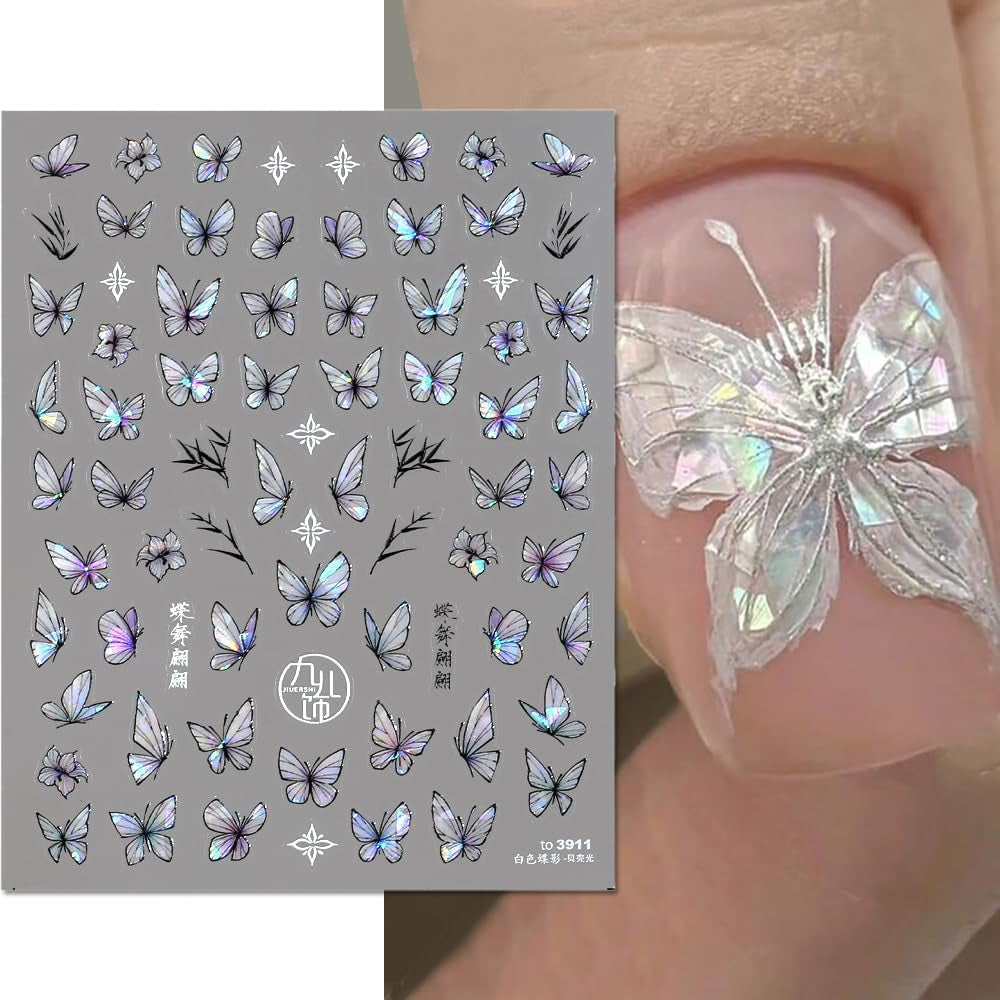 2 Blätter Schmetterling Nagelsticker Selbstklebend,Muschel Glitzer Nail Art Butterfly Nail Sticker Lila Grau Schmetterlinge Nagelaufkleber Relief Laser Vlinders Nagelsticker Nageldesign Zubehör