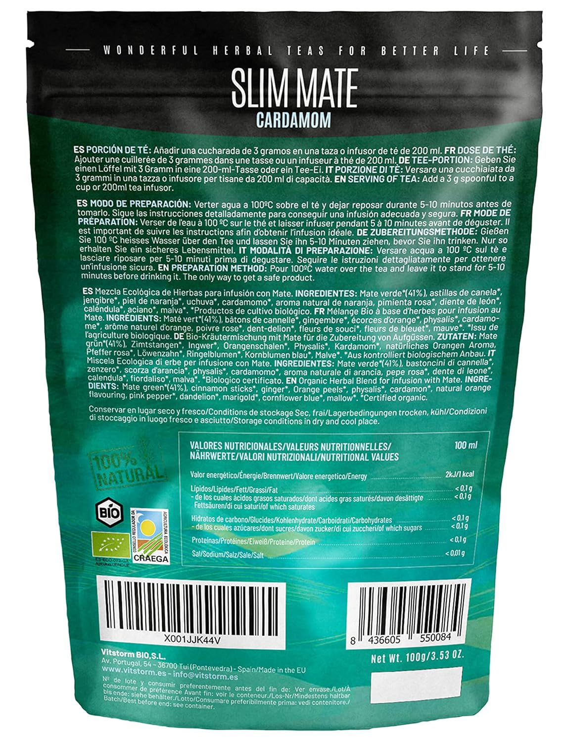 VITSTORM® Slim Tea Kardemom – BIO Yerba Mate Thee – Detox- en diuretische thee – 100G