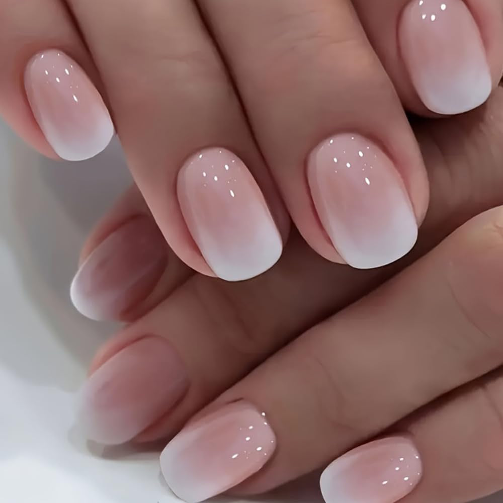 Zelfklevende kunstnagels set - Franse kunstnagels - 24 stuks Kort Vierkant Ontwerp Wit Roze Gradiënt Kunstnagels Ballerina Manicure (Kort Roze Gradiënt)