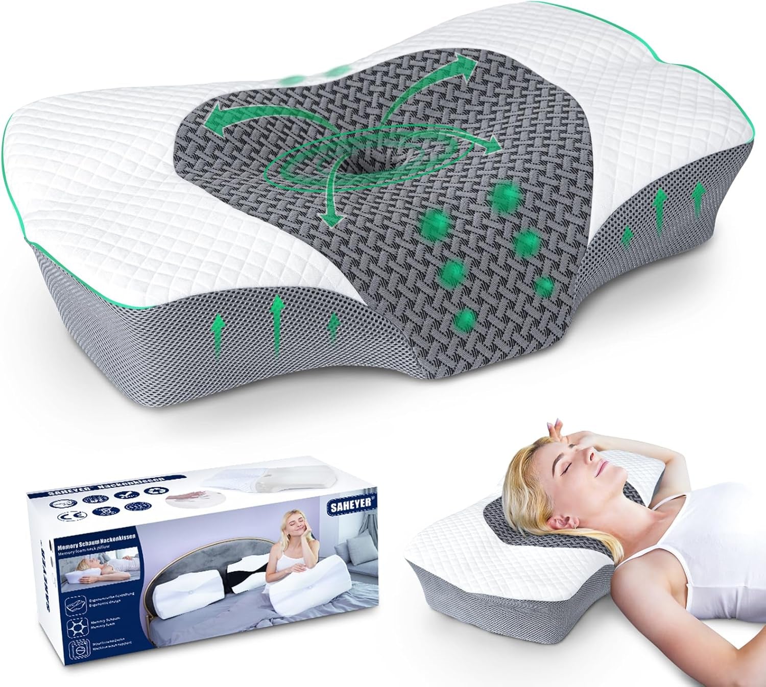 SAHEYER orthopedisch kussen neksteunkussen hoofdkussen ergonomisch nekkussen zijslaperkussen 60 X 40 X 13/11 cm traagschuimkussen voor zijslaper, rug en buik Cervicale orthopedische kussens Naty Shop Grijs