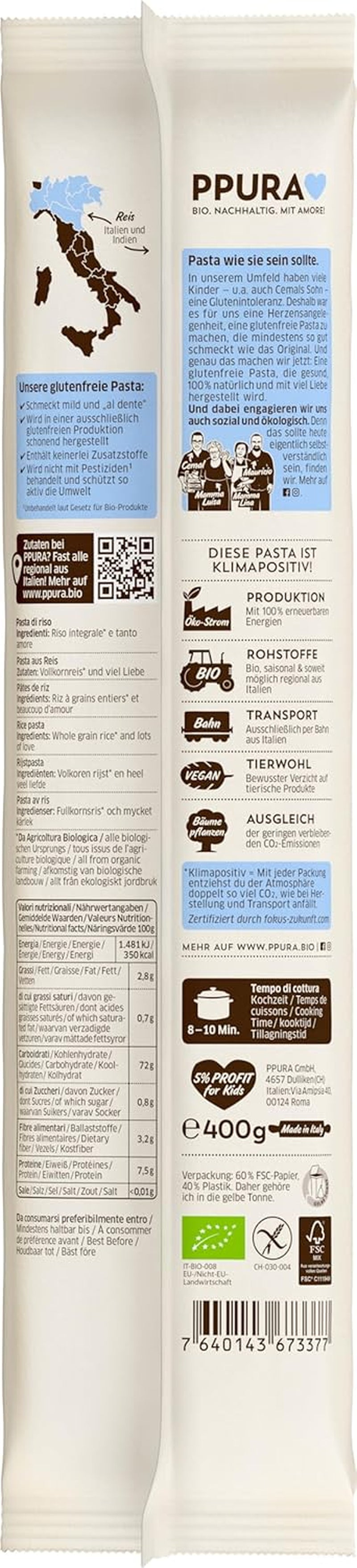 PPURA Spaghetti met biologische glutenvrije volle rijst 400g - Italiaanse natuurpasta met biologische volle rijst - Glutenvrij, zonder suiker of toevoegingen, ambachtelijk bereid