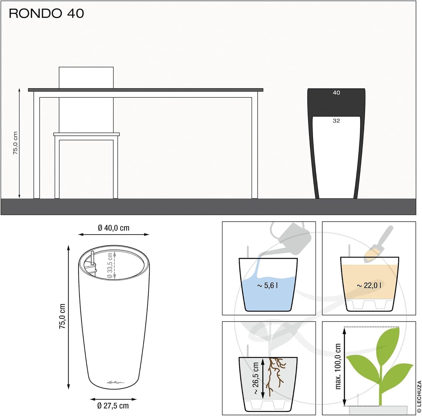 Plantenbak LECHUZA Rondo Premium 32 Mat Wit | Plantenzuil met bewateringssysteem, waterniveau-indicator en planteninzet | Matte afwerking | Ø 32,5 x 56,5cm | 15786