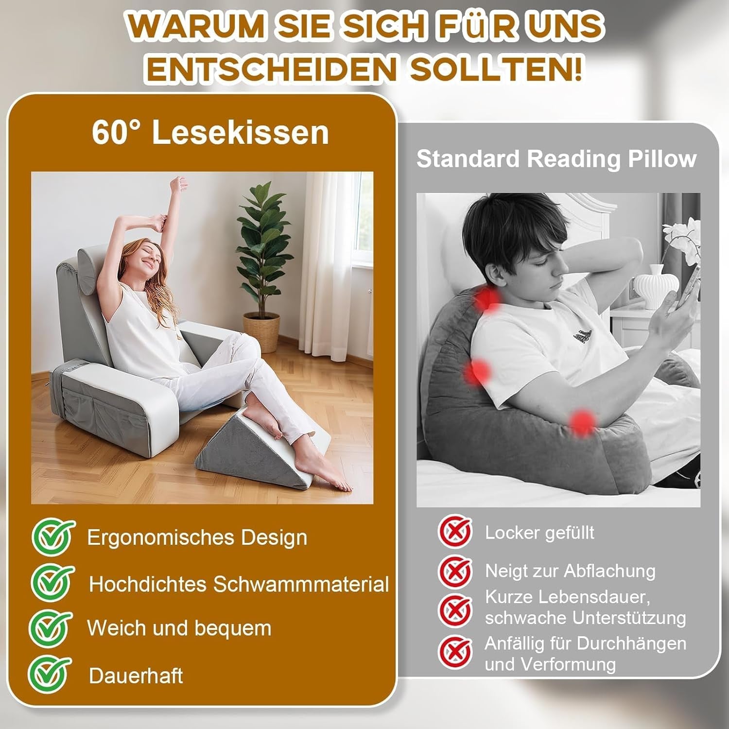 Leeskussen met afneembare neksteun en armleuning, comfortabel en lichtgewicht rugkussen voor bed en bank, rugkussen voor volwassenen, rugleuning van traagschuim voor lezen, tv kijken en videogames