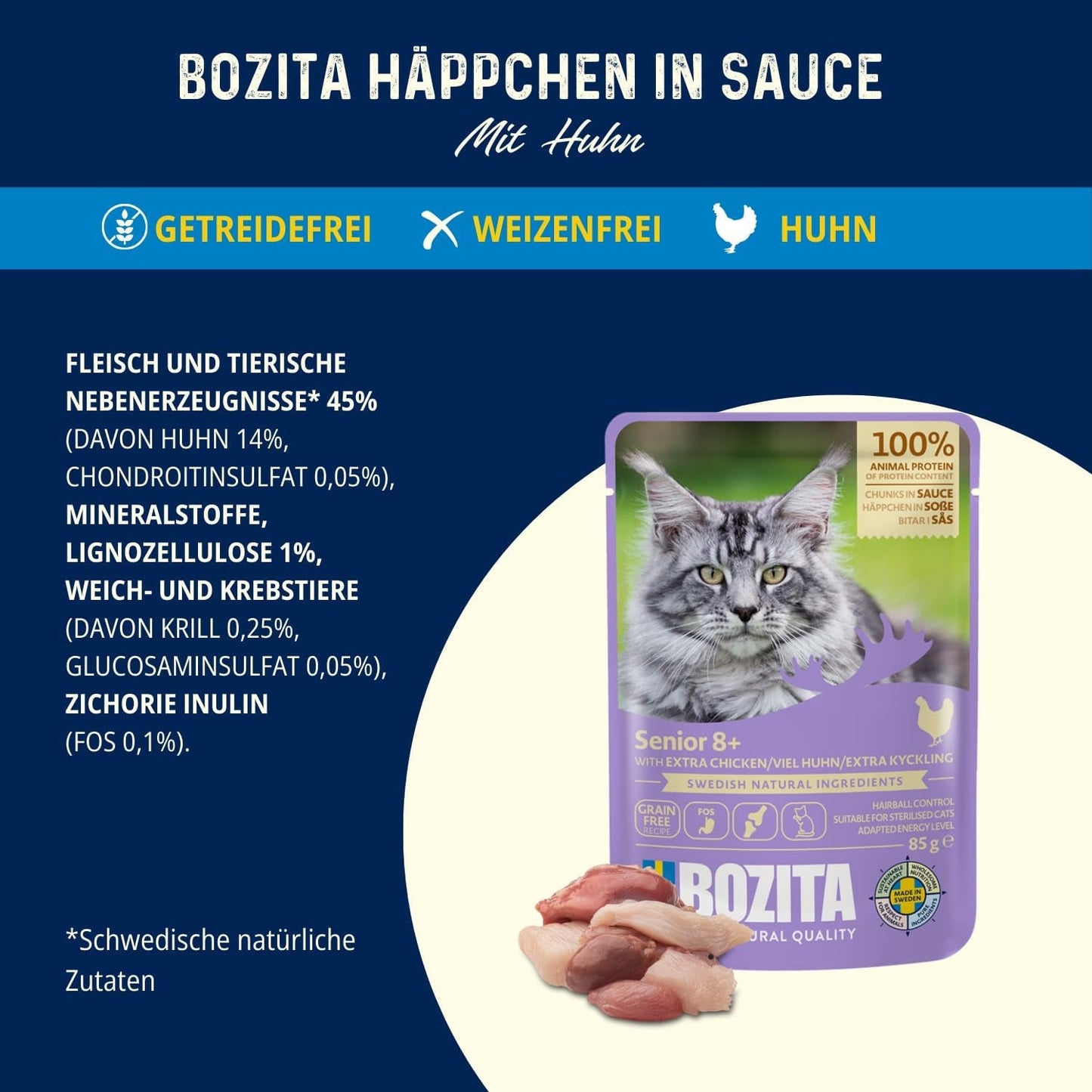 Bozita Senior 8+ Mound nat kattenvoer met granen en veel kip - 12 zakjes x 85g, graan- en tarwevrij nat kattenvoer - Nat kattenvoer met 8,5% eiwit en 4,5% vet