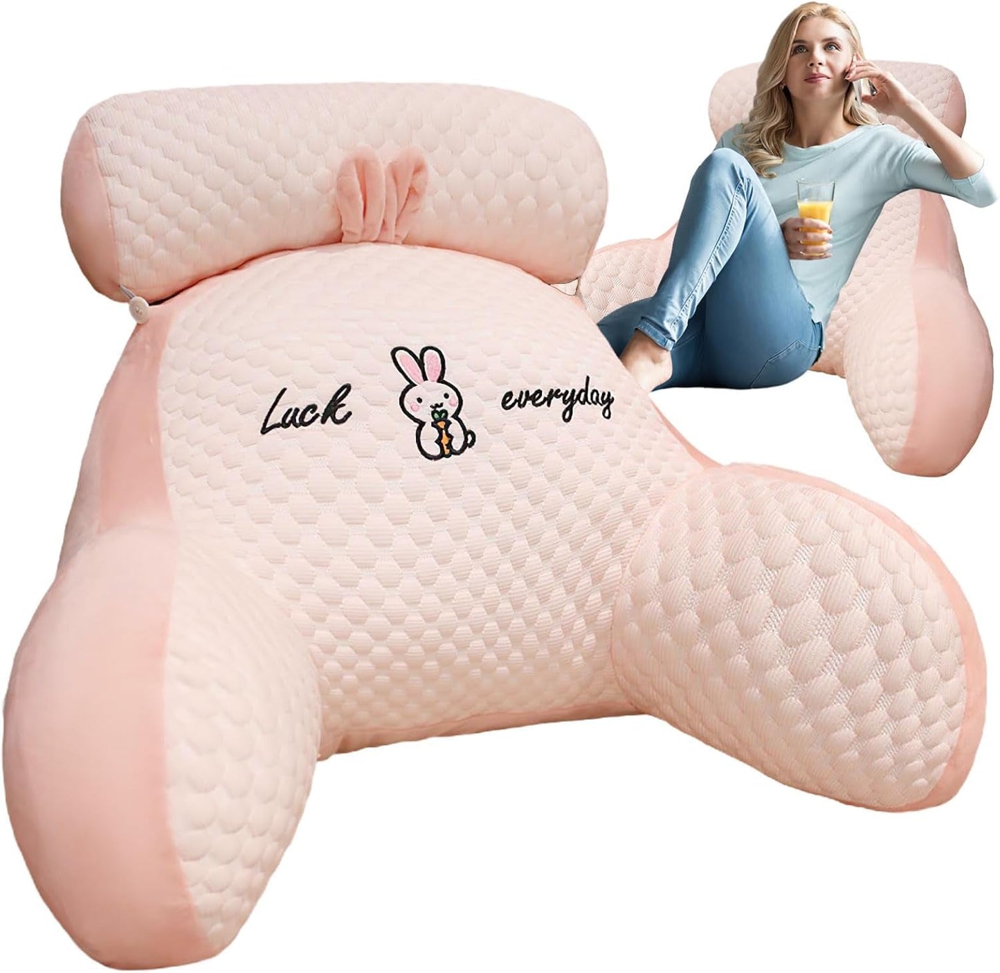 Leeskussen, bedkussen, extra groot rugkussen voor volwassenen 70x50cm voor lezen met afneembare nekrol en steunarm, comfortabel leeskussen voor bed en bank (roze, extra groot)