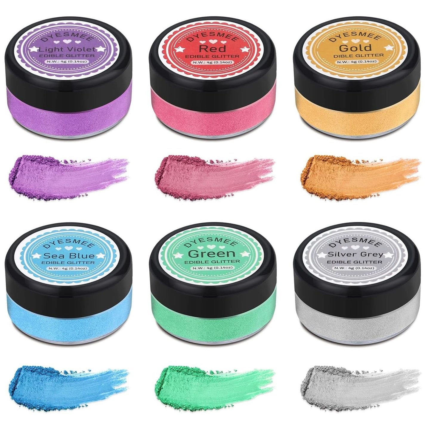 Eetbare glitters, Set van 4 of 6 kleurtinten, 4 gram per product Glitter Naty Shop 6 kleuren