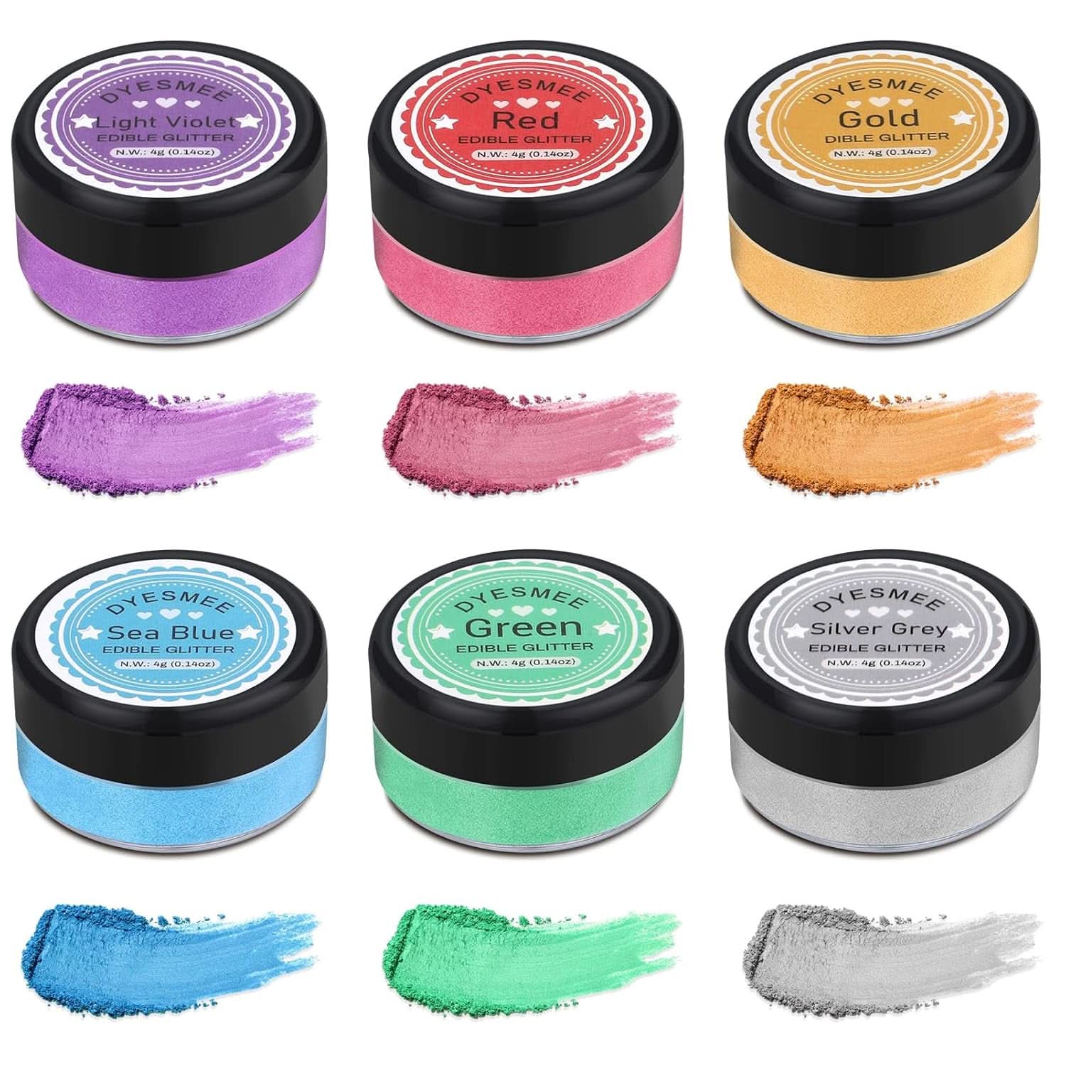Eetbare glitters, Set van 4 of 6 kleurtinten, 4 gram per product Glitter Naty Shop 6 kleuren