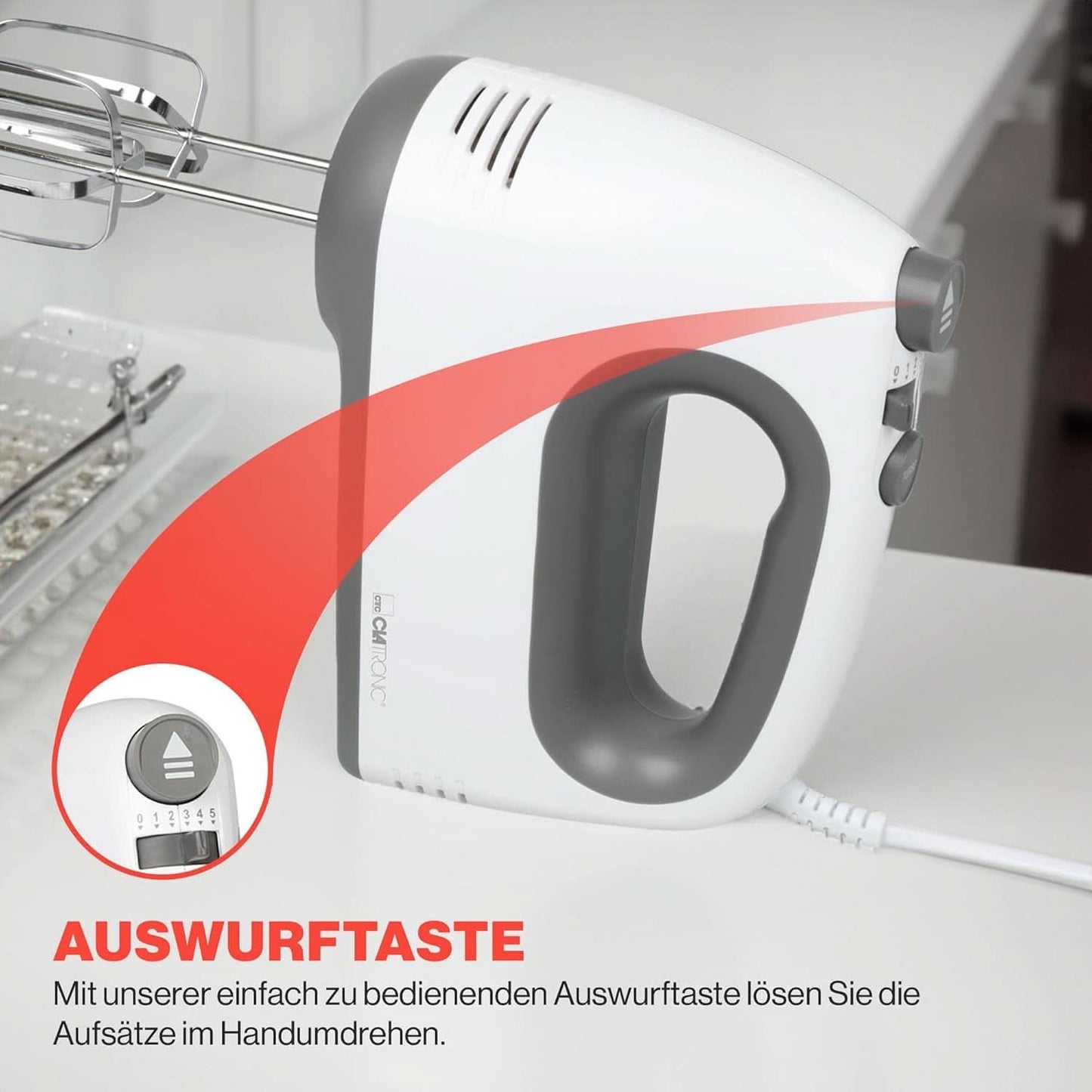 Clatronic-mixer | Kraftvoller 400 Watt-motor | Handmixer | Turbostufe & 5 Geschwindigkeitsstufen | Handmixer | Spülmaschinengeeignete Edelstahlquirle Und-Knethaken | HM 3775 Keuken Naty Shop