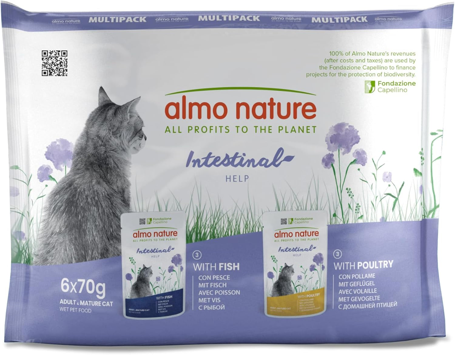 Almo Nature Functional - Darmhulp - Natvoer voor volwassen katten met gevoelige darmen - met vis en gevogelte - ondersteunt het microbioom - 70g (pak van 6)