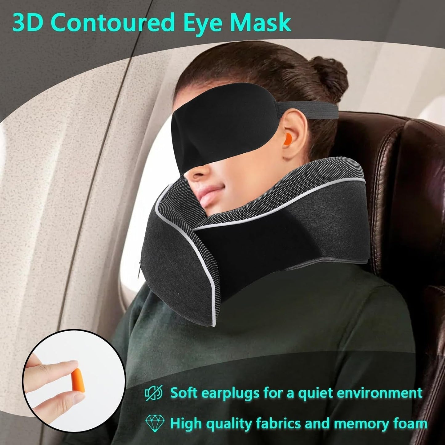KILDOWS Vliegtuig-nekkussen, reiskussen van traagschuim, vliegtuigreiskussen met oogmasker en oordopjes, orthopedisch nekkussen, ideaal voor reizen per vliegtuig, auto, trein Cervicale orthopedische kussens Naty Shop