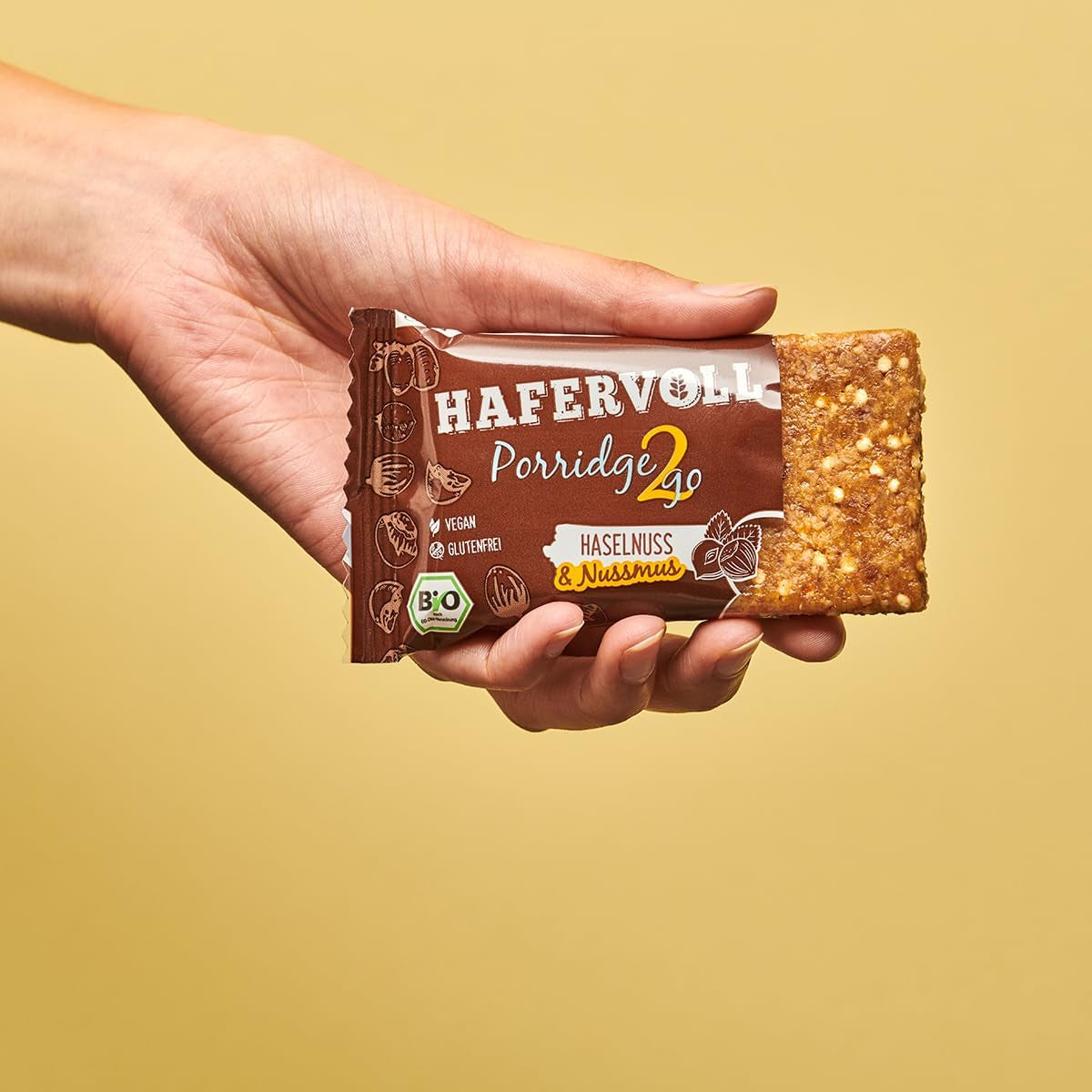 Hafervoll Porridge2go Pindakaas en noten, 13 repen x 55g - Veganistisch, biologisch, glutenvrij, geen toegevoegde suikersnack, met haver, dadels en quinoa-snoepjes