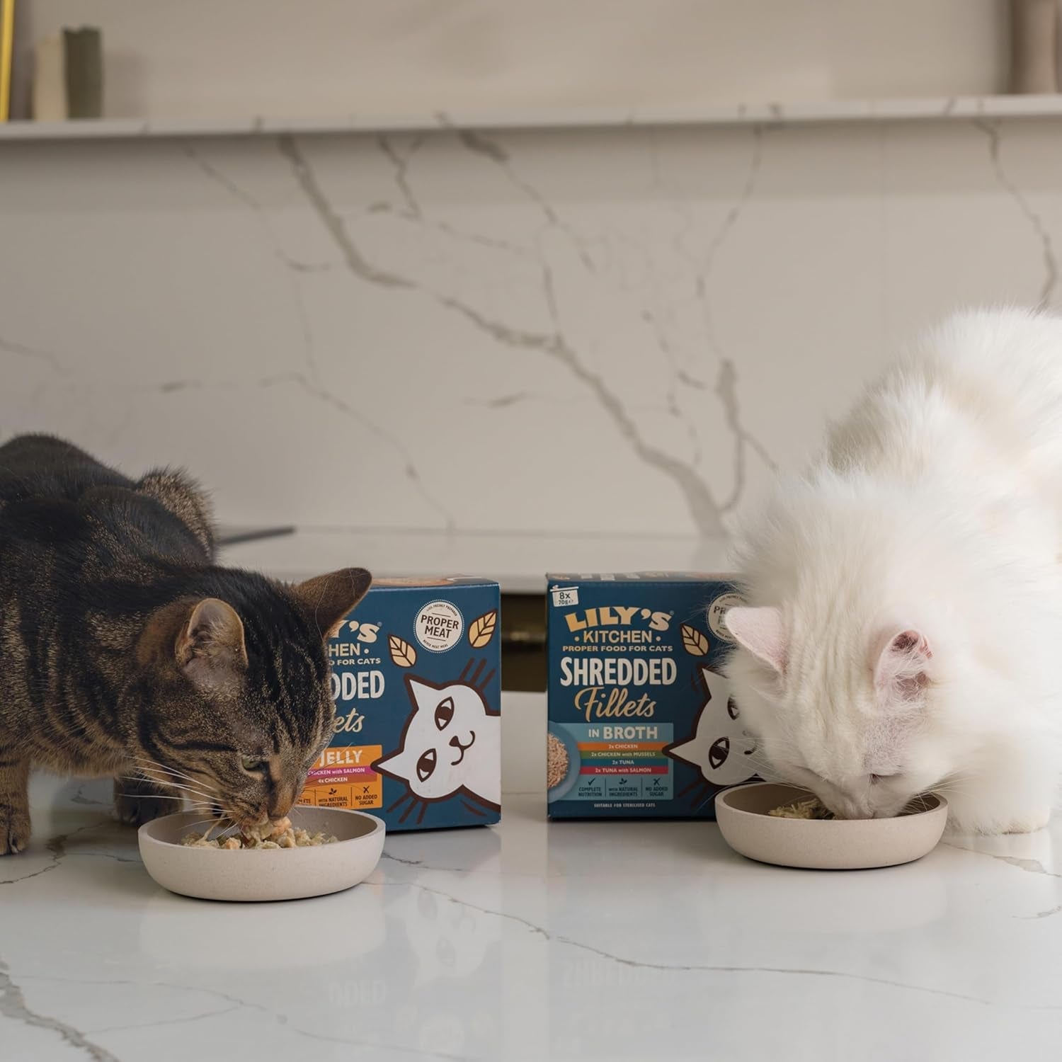 Gehakte filets in bouillon met tonijn en zalm, bereid met natuurlijke ingrediënten, Lily's Kitchen, natvoer voor volwassen katten, doos van 70 g