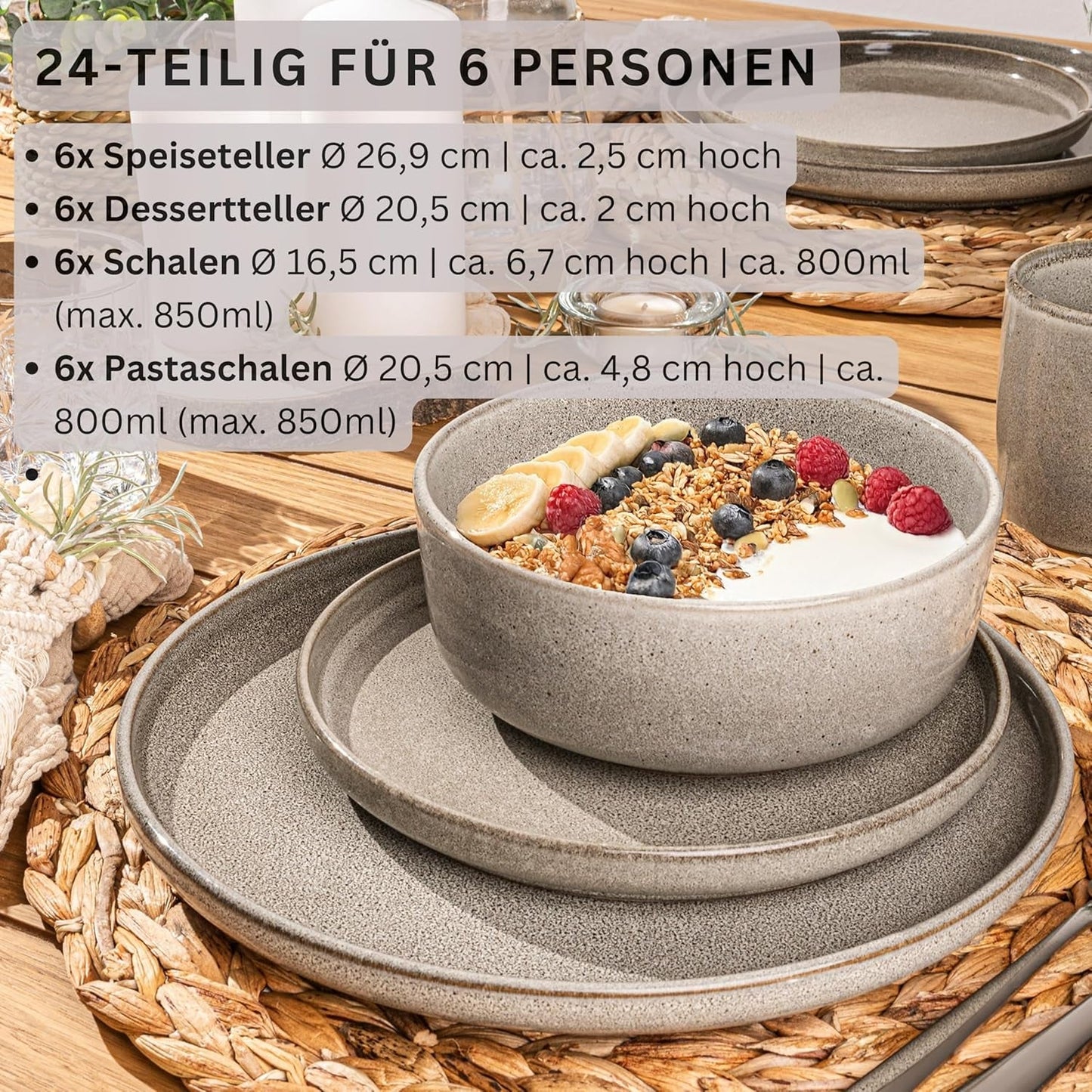 SÄNGER Caïro Klei | 24-delige serviesset, aardewerk serviesset voor 6 personen, 6 borden, 6 dessertborden, 6 pastakommen, 6 serveerschalen, grijze serviesset | DE WAARDE-COLLECTIE