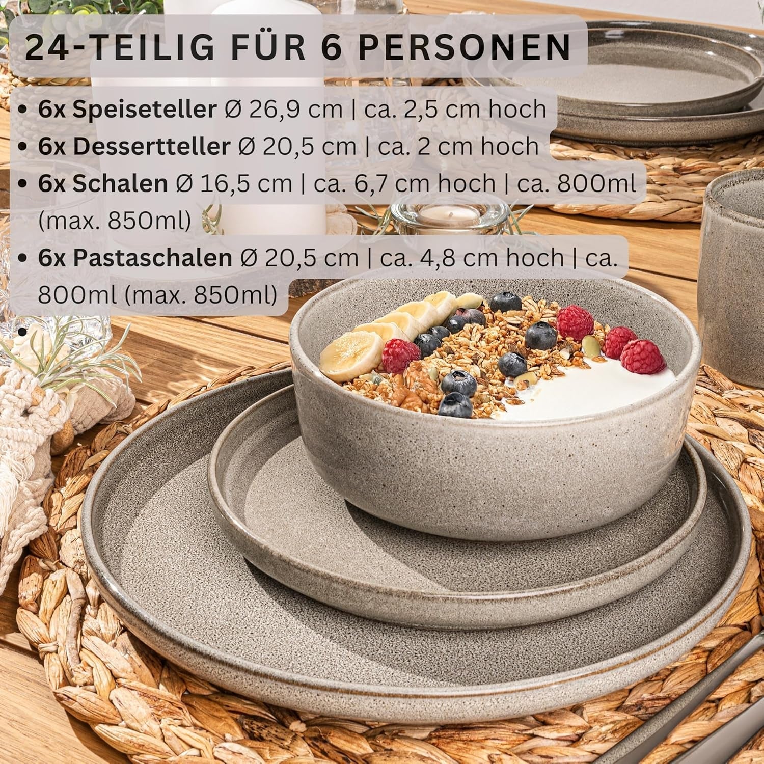 SÄNGER Caïro Klei | 24-delige serviesset, aardewerk serviesset voor 6 personen, 6 borden, 6 dessertborden, 6 pastakommen, 6 serveerschalen, grijze serviesset | DE WAARDE-COLLECTIE
