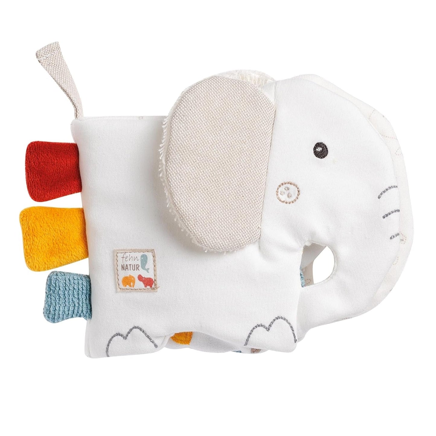 Fehn Zacht prentenboek Bruno - zacht boekje voor baby's van stof met dierenmotieven - speelgoedboek van stof om op te hangen voor kinderwagens en autostoeltjes voor baby's - boek met drukknopen voor baby's en kinderen vanaf 0+ maanden Babyspeelgoed Naty Shop Olifant natuur