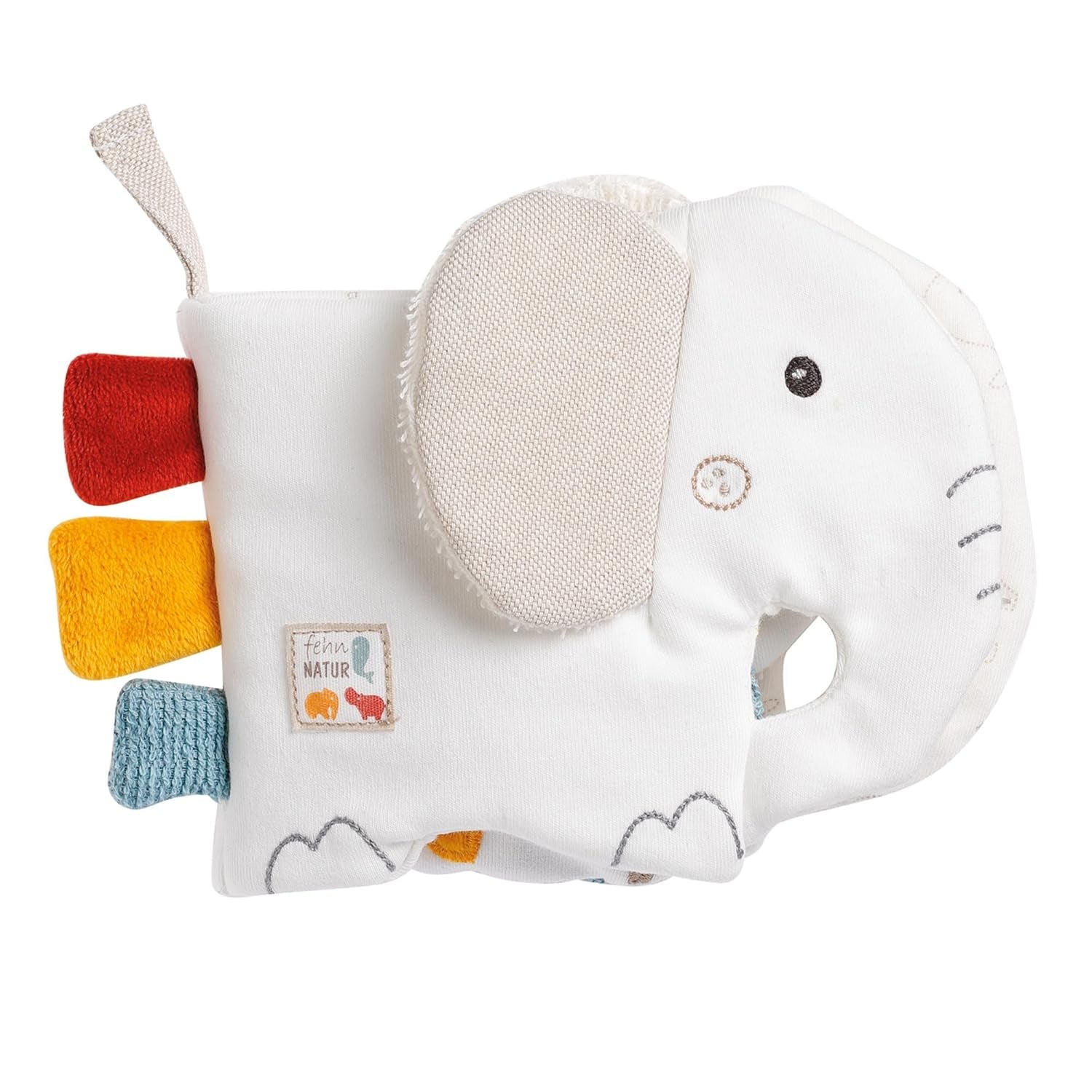 Fehn Zacht prentenboek Bruno - zacht boekje voor baby's van stof met dierenmotieven - speelgoedboek van stof om op te hangen voor kinderwagens en autostoeltjes voor baby's - boek met drukknopen voor baby's en kinderen vanaf 0+ maanden Babyspeelgoed Naty Shop Olifant natuur