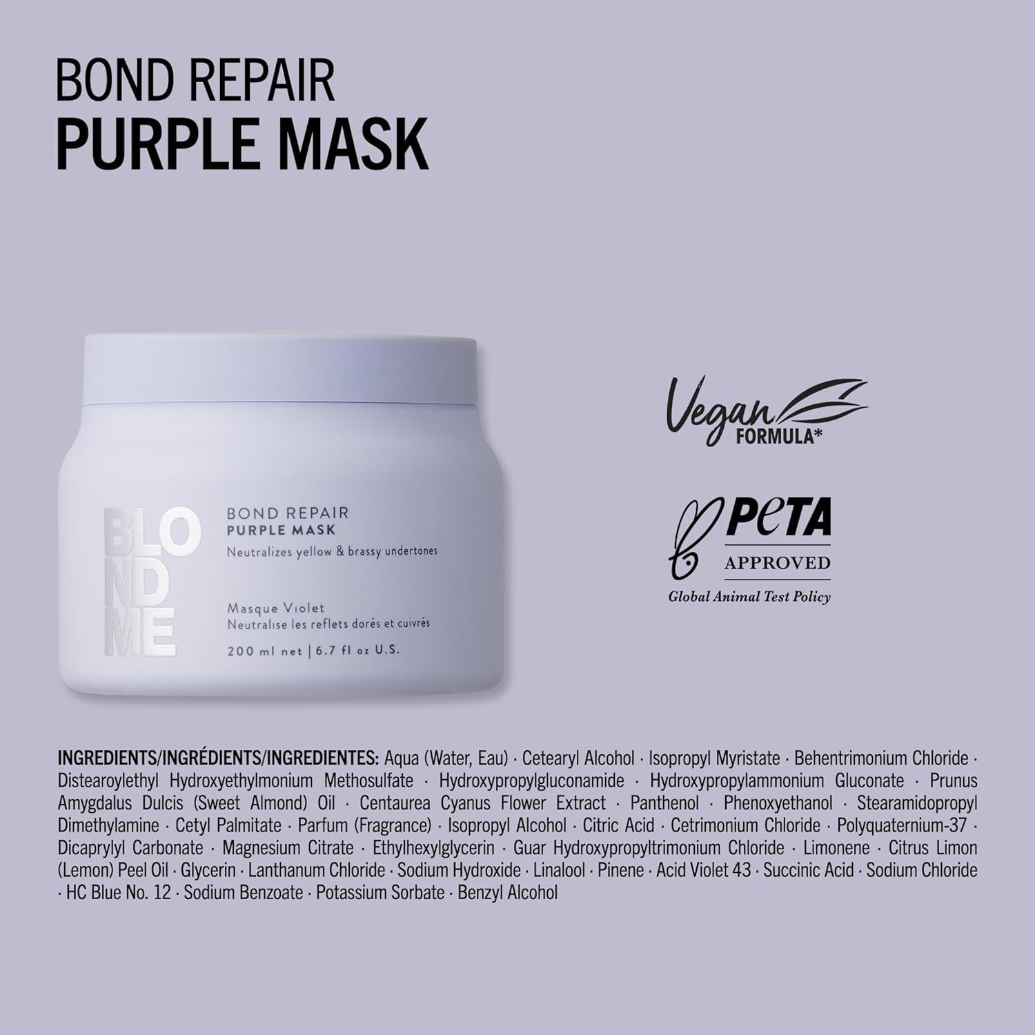 Schwarzkopf Professional BLONDME Bond Repair Purple Mask Masker voor koel haar Neutraliseert gele tinten voor geverfd, geblondeerd en licht haar Diep conditionerend en versterkend 200 ml Haarmasker Naty Shop