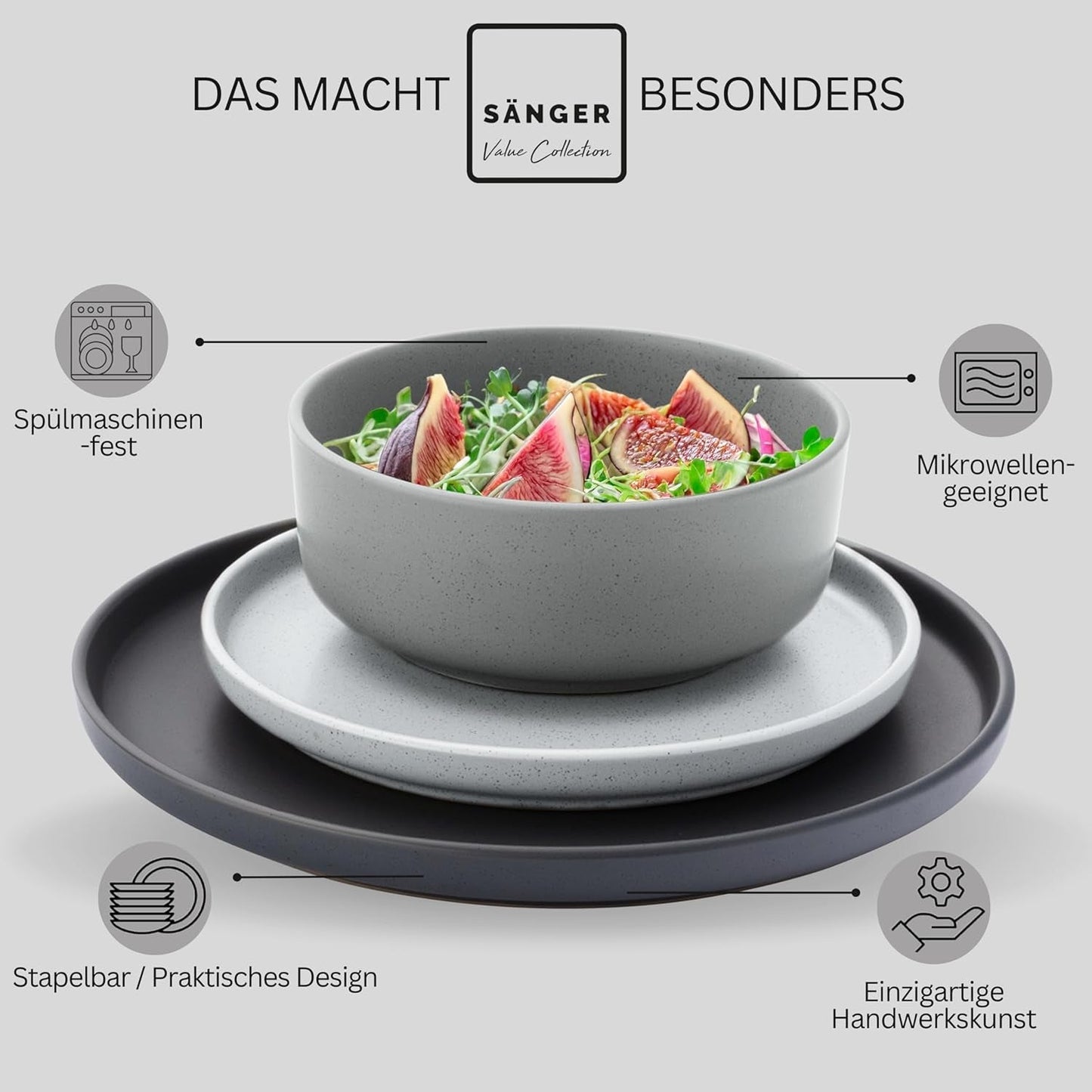 SÄNGER Leeds | 12-delige aardewerken serviesset 4-persoons dinerbordenset (4 dinerborden, 4 dessertborden, 4 kommen), kleurrijk krasbestendig serviesgoed | DE WAARDE-COLLECTIE